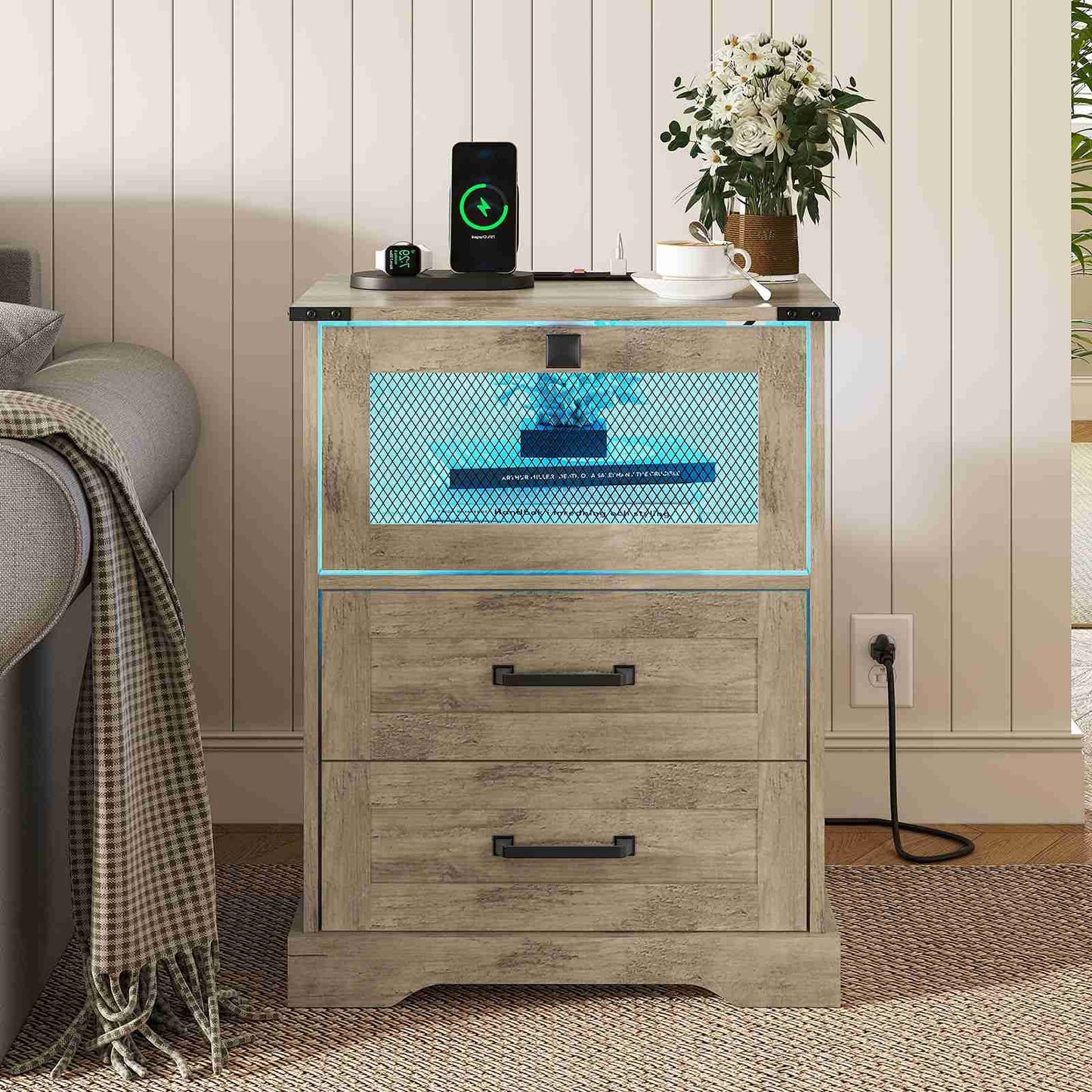 Hasuit | Night Stand with Charging Station and LED Lights Farmhouse Nightstand with 2 Drawers