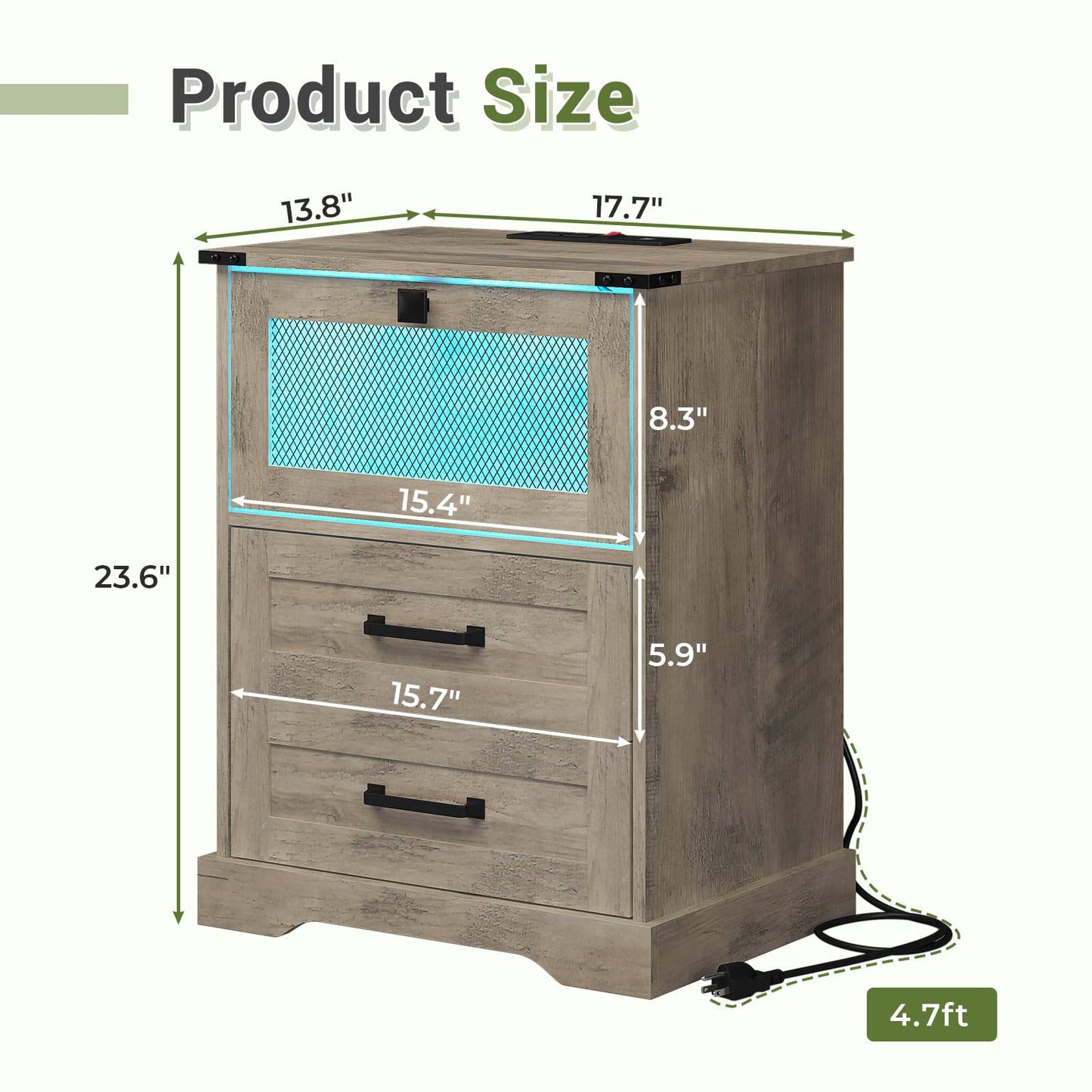 Hasuit | Night Stand with Charging Station and LED Lights Farmhouse Nightstand with 2 Drawers