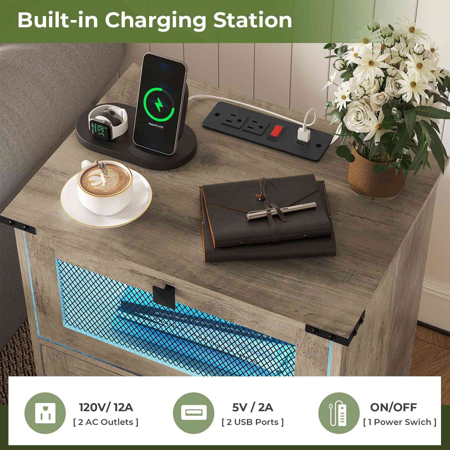 Hasuit | Night Stand with Charging Station and LED Lights Farmhouse Nightstand with 2 Drawers