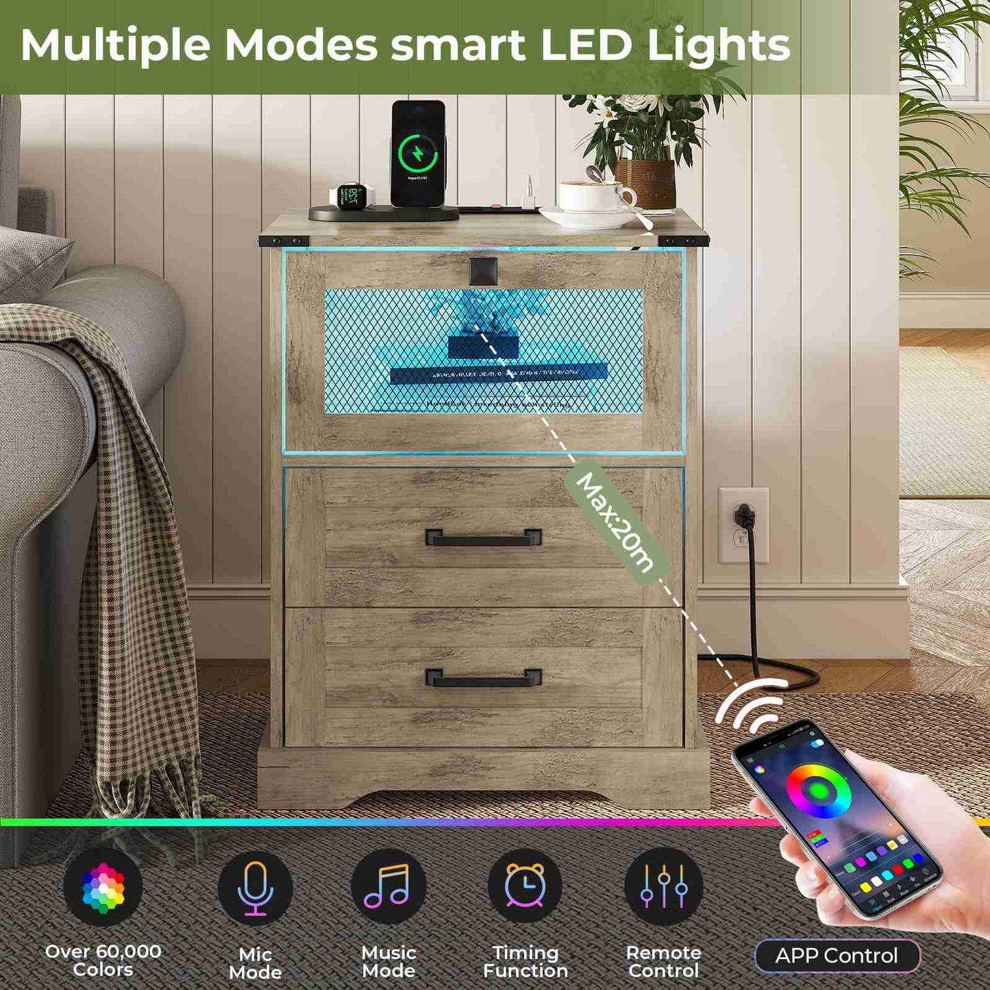 Hasuit | Night Stand with Charging Station and LED Lights Farmhouse Nightstand with 2 Drawers