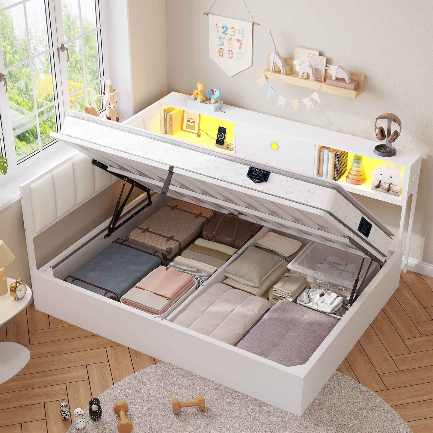 Hasuit | Corner Lift Up Storage Bed Frame with Charging Station & LED Lights Day Bed with Upholstered Headboard and Bookcase for Kids Teens Guests White