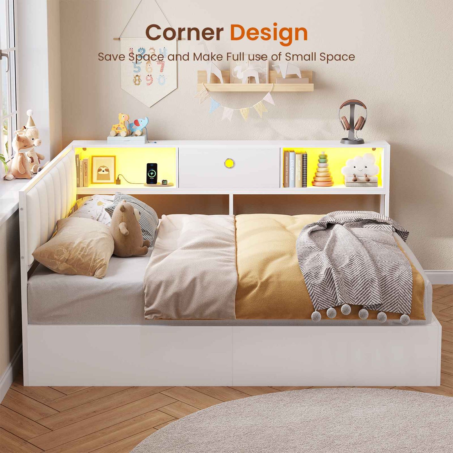 Hasuit | Corner Lift Up Storage Bed Frame with Charging Station & LED Lights Day Bed with Upholstered Headboard and Bookcase for Kids Teens Guests White