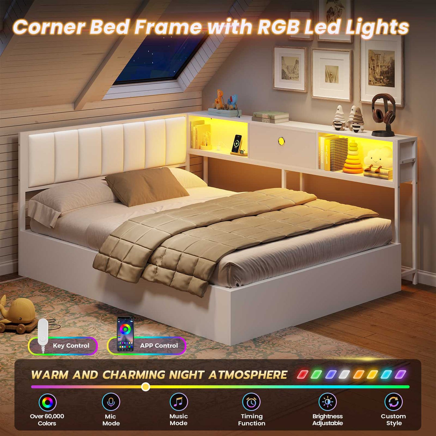 Hasuit | Corner Lift Up Storage Bed Frame with Charging Station & LED Lights Day Bed with Upholstered Headboard and Bookcase for Kids Teens Guests White
