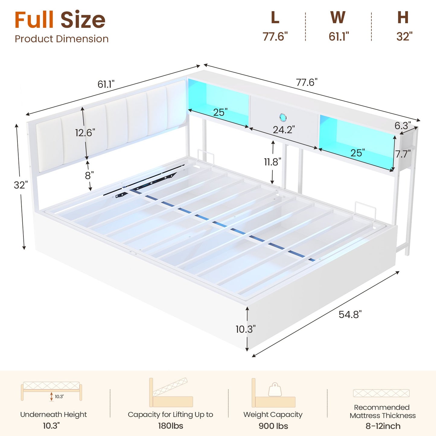 Hasuit | Corner Lift Up Storage Bed Frame with Charging Station & LED Lights Day Bed with Upholstered Headboard and Bookcase for Kids Teens Guests White