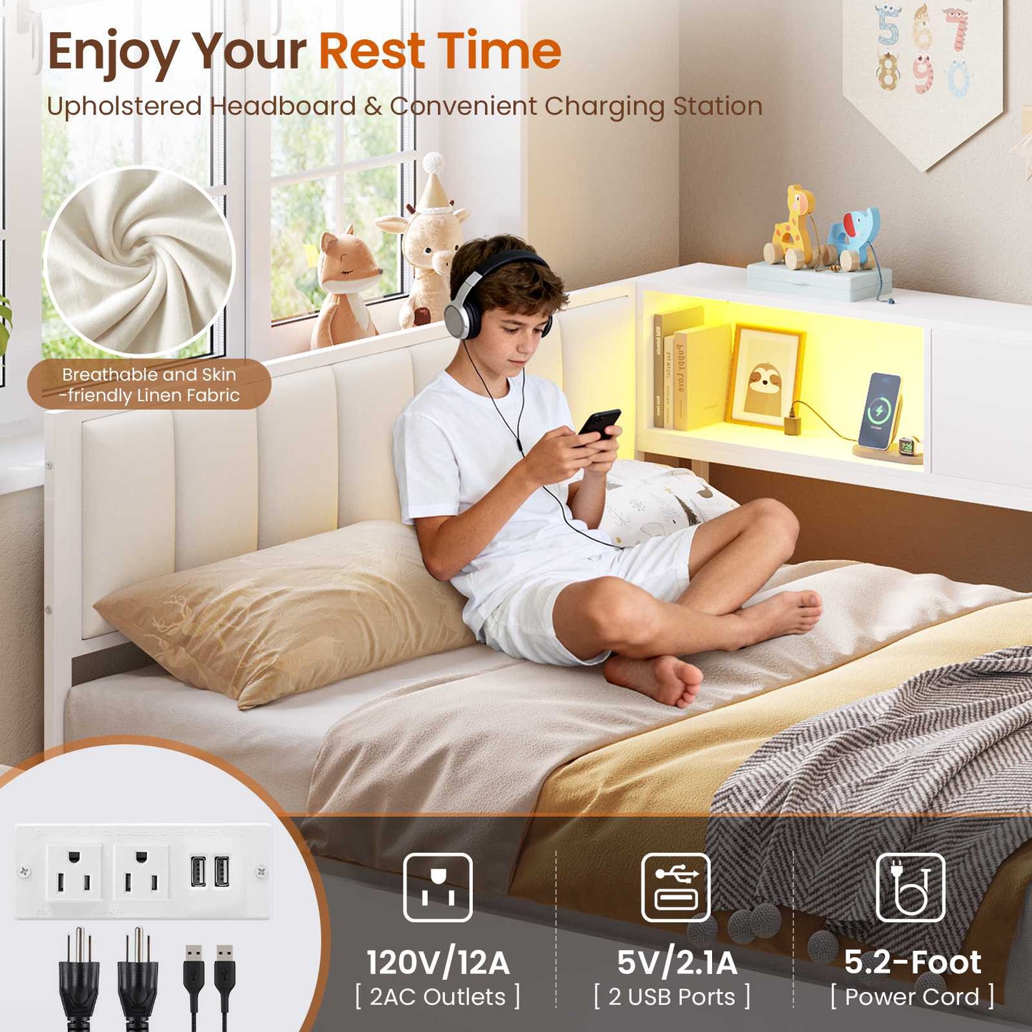 Hasuit | Corner Lift Up Storage Bed Frame with Charging Station & LED Lights Day Bed with Upholstered Headboard and Bookcase for Kids Teens Guests White