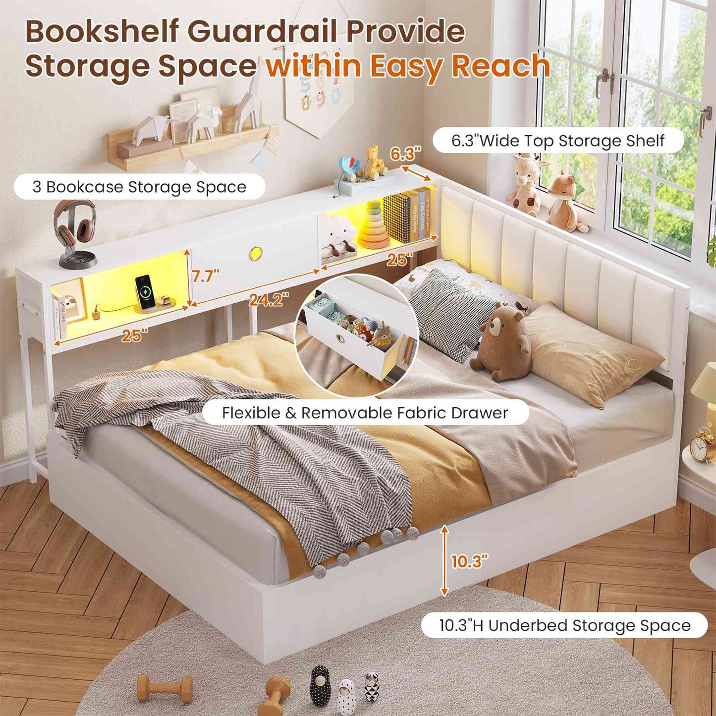 Hasuit | Corner Lift Up Storage Bed Frame with Charging Station & LED Lights Day Bed with Upholstered Headboard and Bookcase for Kids Teens Guests White