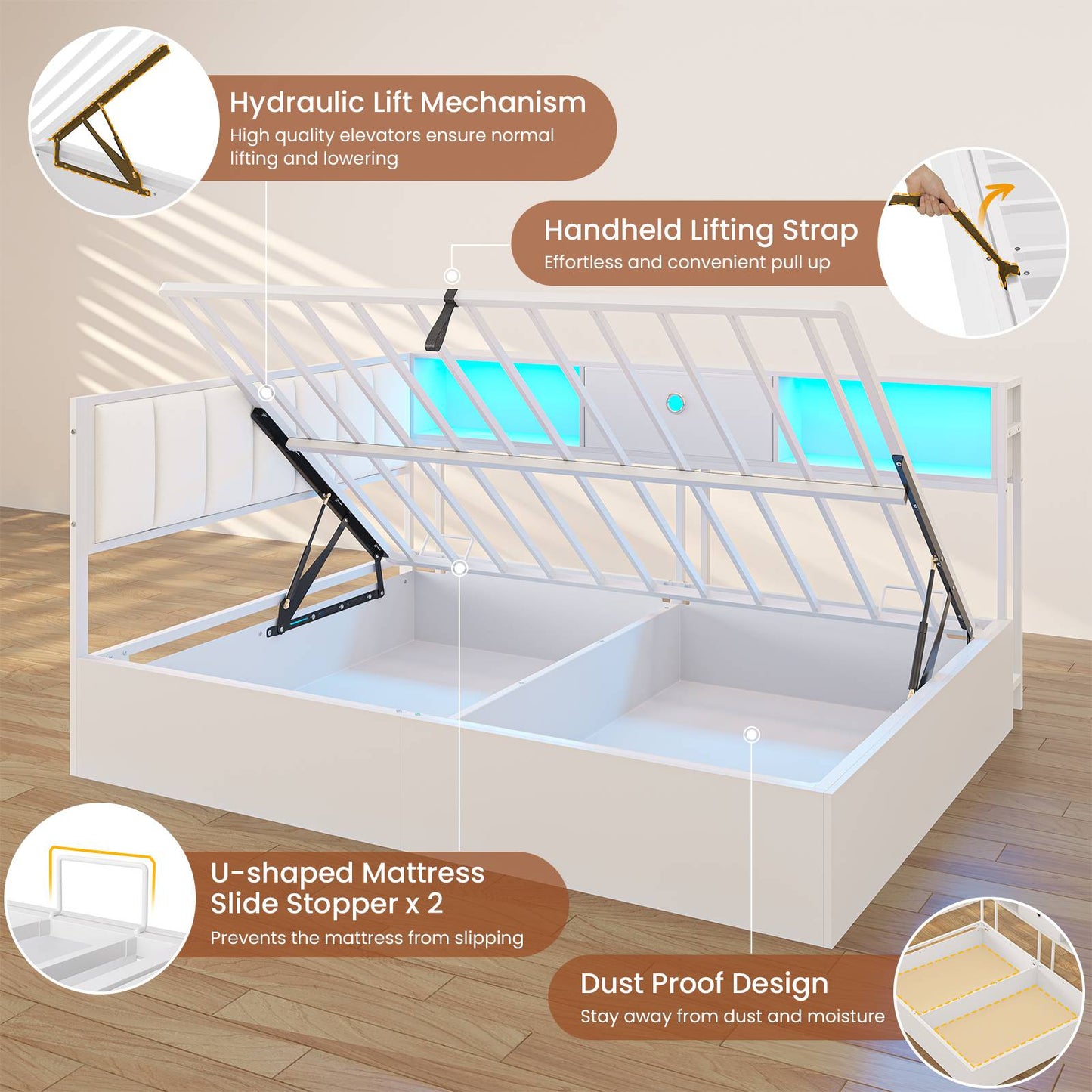 Hasuit | Corner Lift Up Storage Bed Frame with Charging Station & LED Lights Day Bed with Upholstered Headboard and Bookcase for Kids Teens Guests White