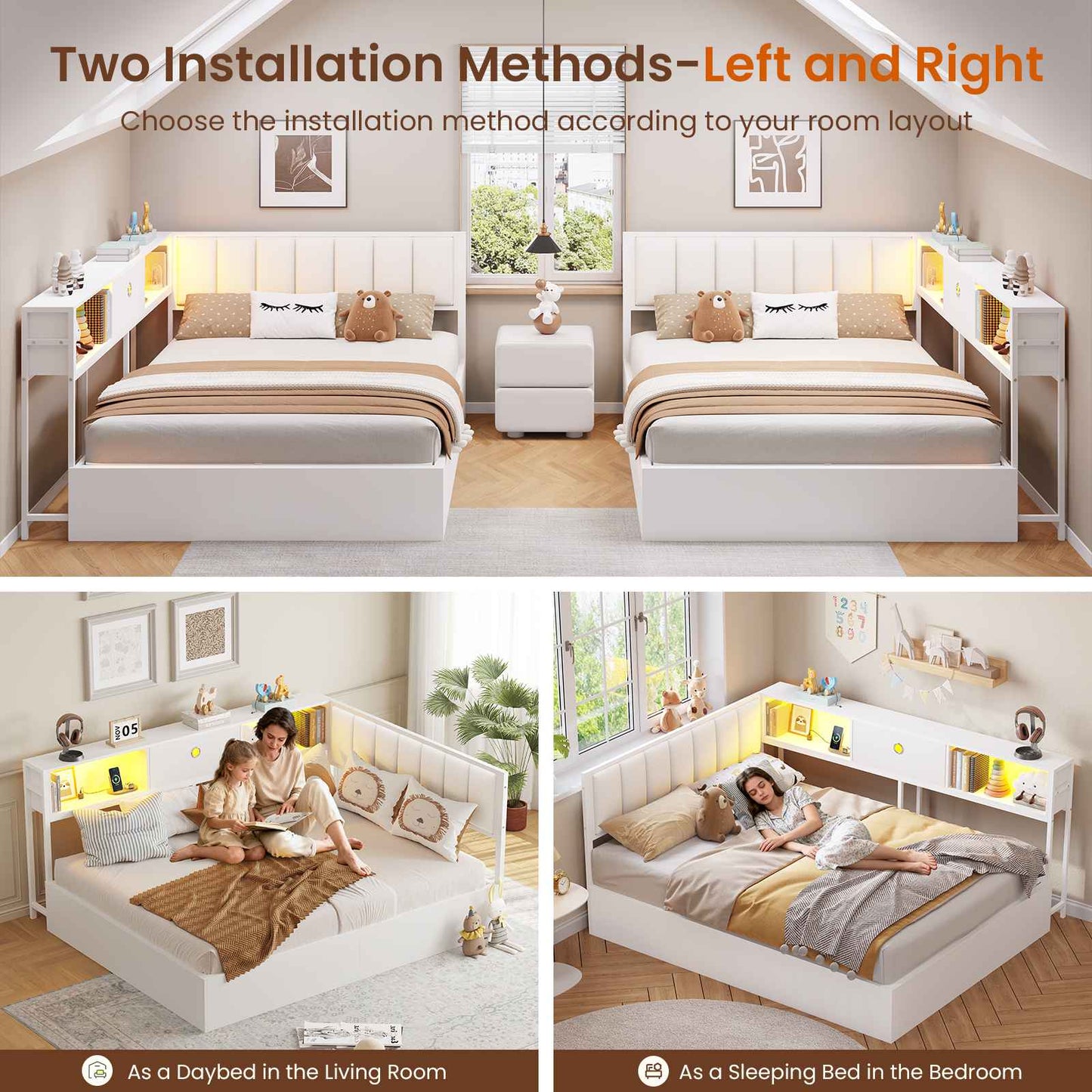 Hasuit | Corner Lift Up Storage Bed Frame with Charging Station & LED Lights Day Bed with Upholstered Headboard and Bookcase for Kids Teens Guests White
