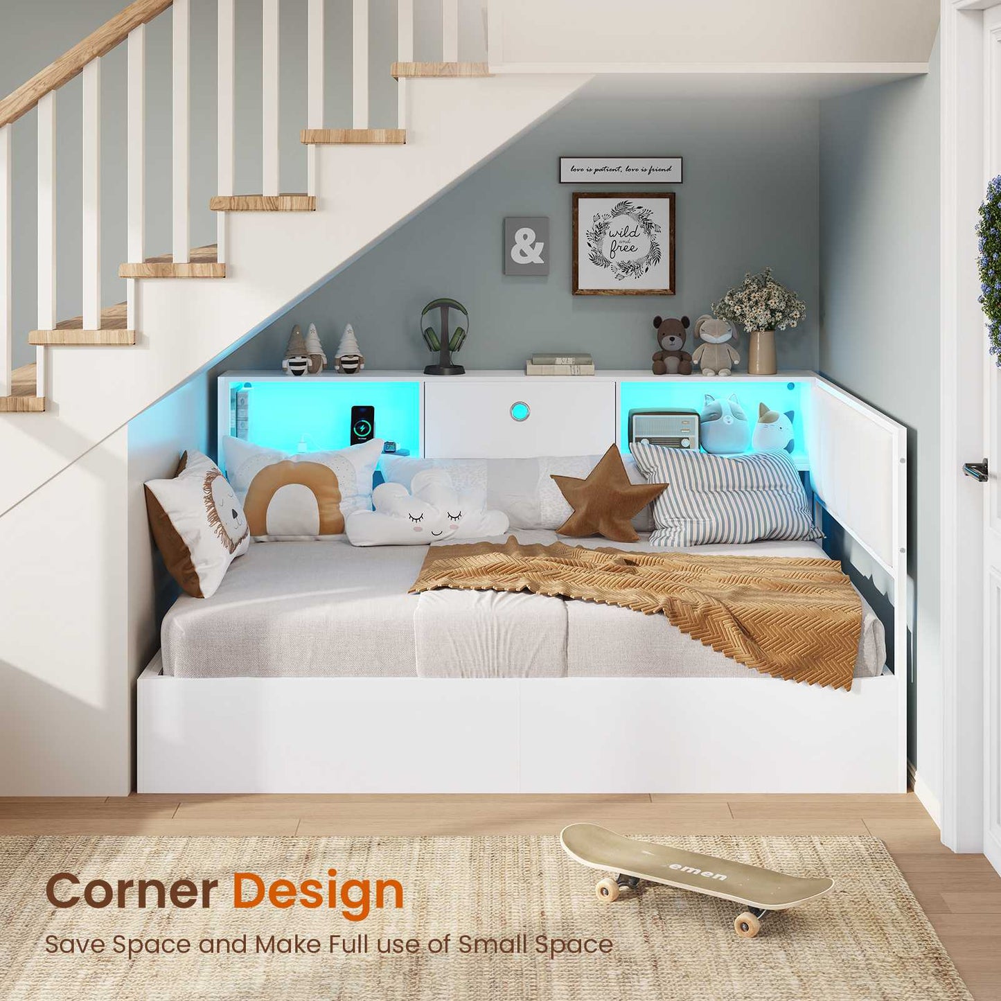Hasuit | Corner Lift Up Storage Bed Frame with Charging Station & LED Lights Day Bed with Upholstered Headboard and Bookcase for Kids Teens Guests White