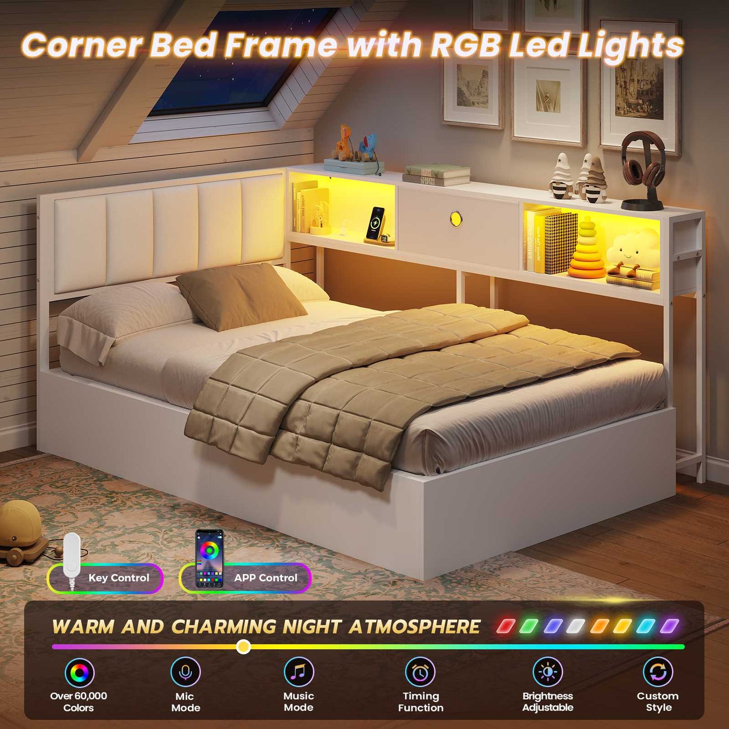 Hasuit | Corner Lift Up Storage Bed Frame with Charging Station & LED Lights Day Bed with Upholstered Headboard and Bookcase for Kids Teens Guests White