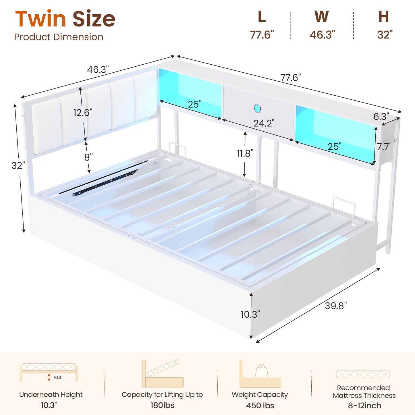 Hasuit | Corner Lift Up Storage Bed Frame with Charging Station & LED Lights Day Bed with Upholstered Headboard and Bookcase for Kids Teens Guests White