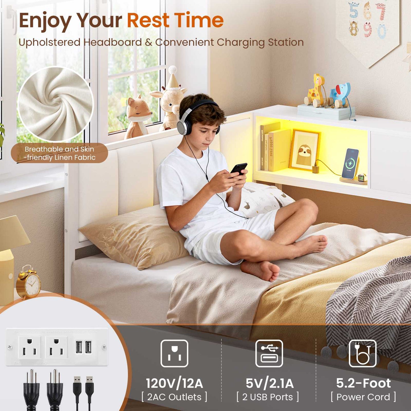 Hasuit | Corner Lift Up Storage Bed Frame with Charging Station & LED Lights Day Bed with Upholstered Headboard and Bookcase for Kids Teens Guests White