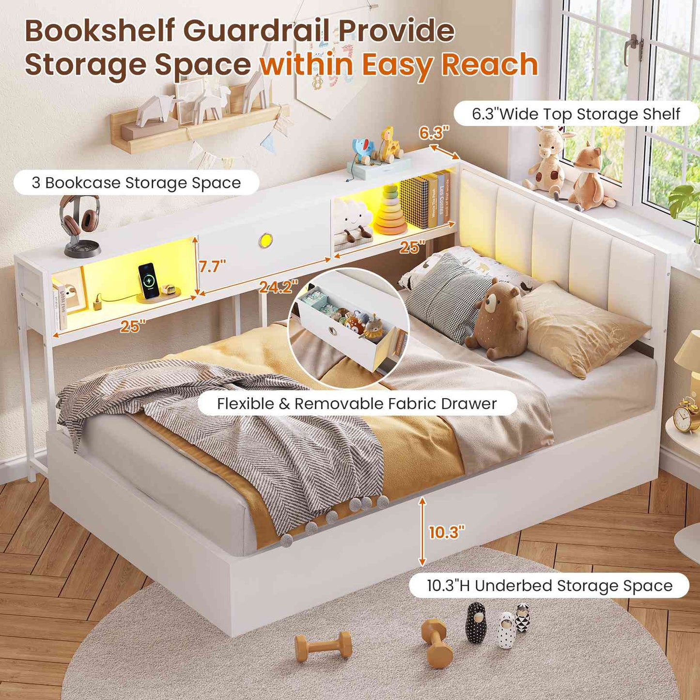 Hasuit | Corner Lift Up Storage Bed Frame with Charging Station & LED Lights Day Bed with Upholstered Headboard and Bookcase for Kids Teens Guests White