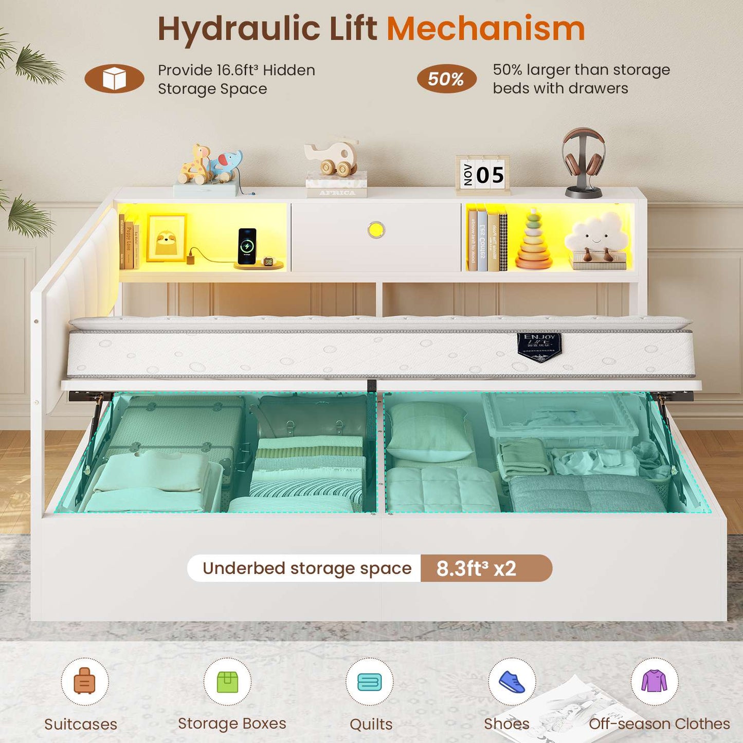 Hasuit | Corner Lift Up Storage Bed Frame with Charging Station & LED Lights Day Bed with Upholstered Headboard and Bookcase for Kids Teens Guests White