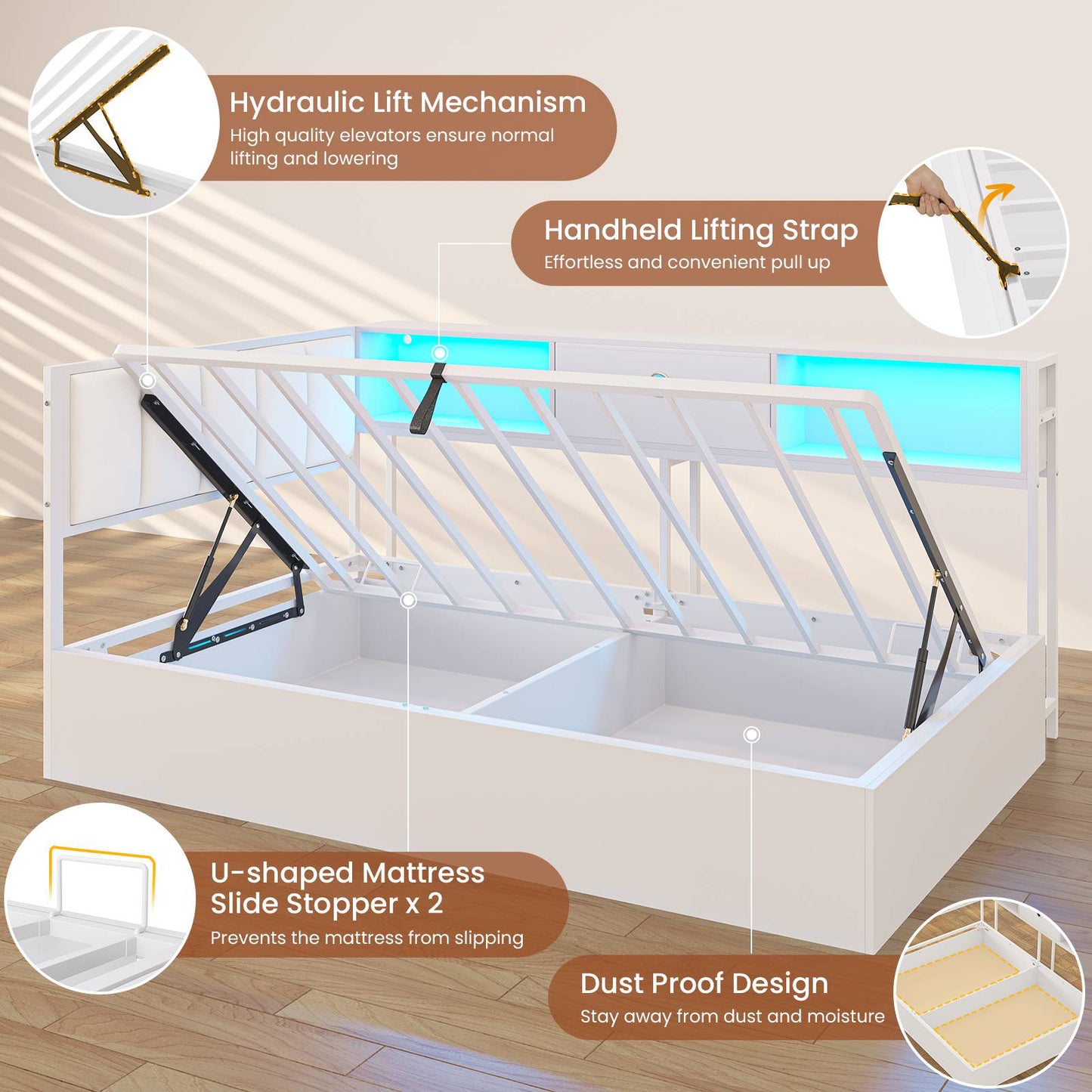 Hasuit | Corner Lift Up Storage Bed Frame with Charging Station & LED Lights Day Bed with Upholstered Headboard and Bookcase for Kids Teens Guests White