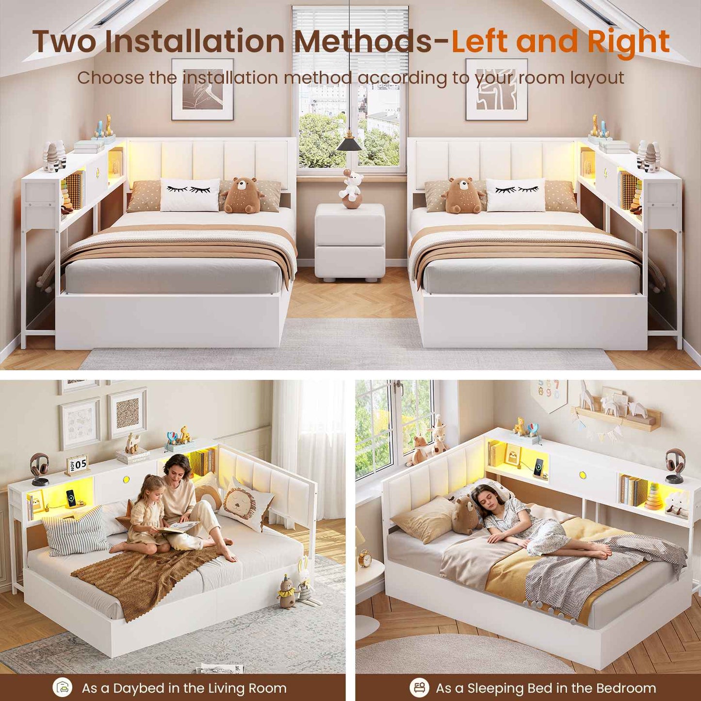 Hasuit | Corner Lift Up Storage Bed Frame with Charging Station & LED Lights Day Bed with Upholstered Headboard and Bookcase for Kids Teens Guests White