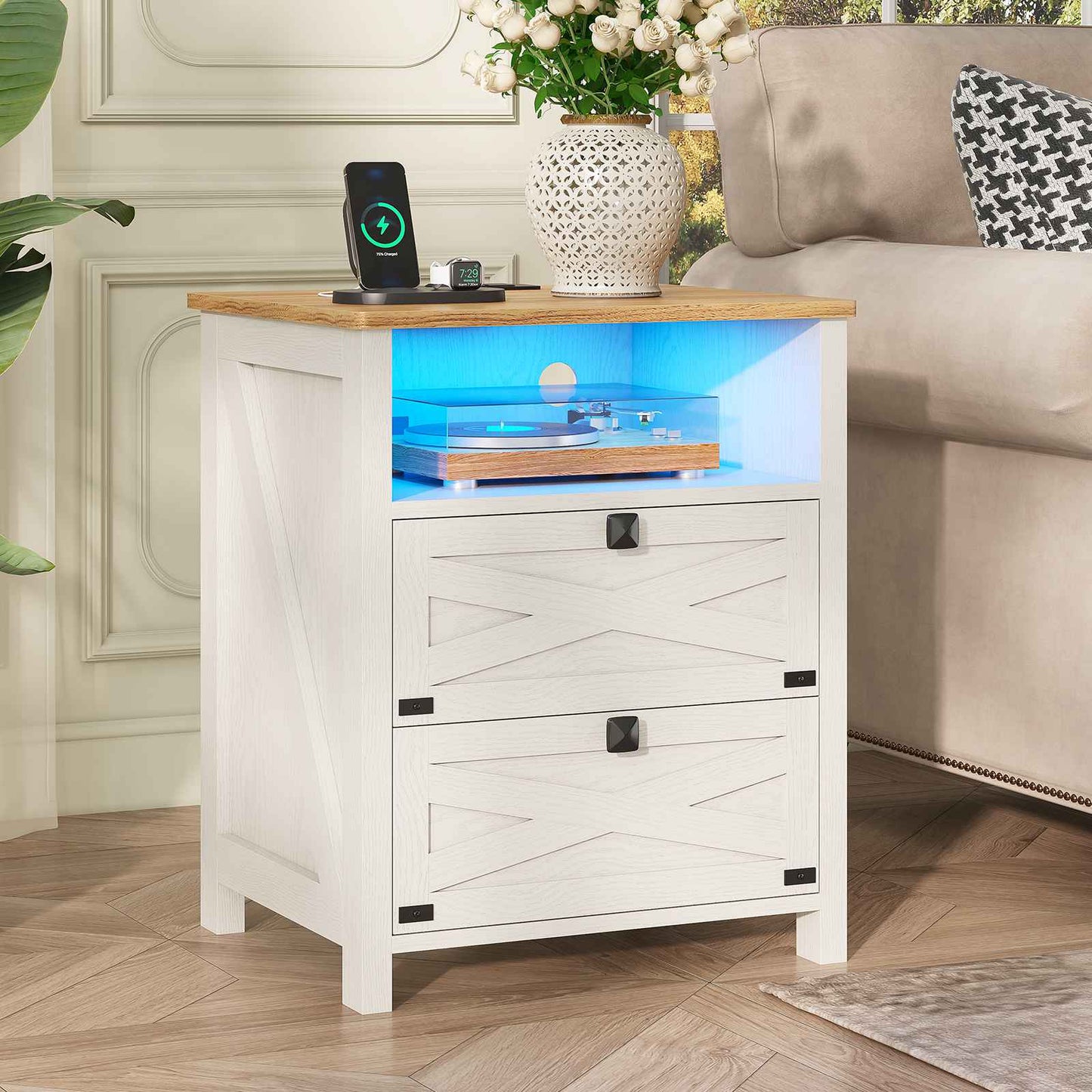 Hasuit | Night Stand with 2 Drawers Rustic Vintage Farmhouse White Nightstand with Charging Station and LED Lights