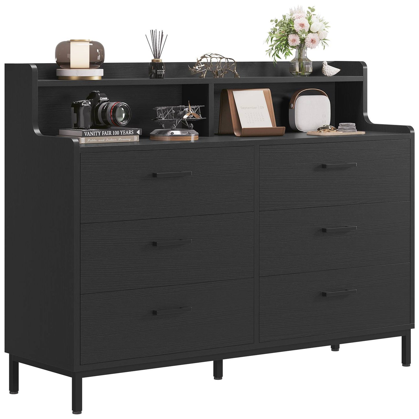 Hasuit | 45.7 Inch Dresser with 6 Drawers and Storage Shelves Wide Chest of Drawers with Sturdy Steel Legs Large Wooden Organizer for Bedroom Entryway