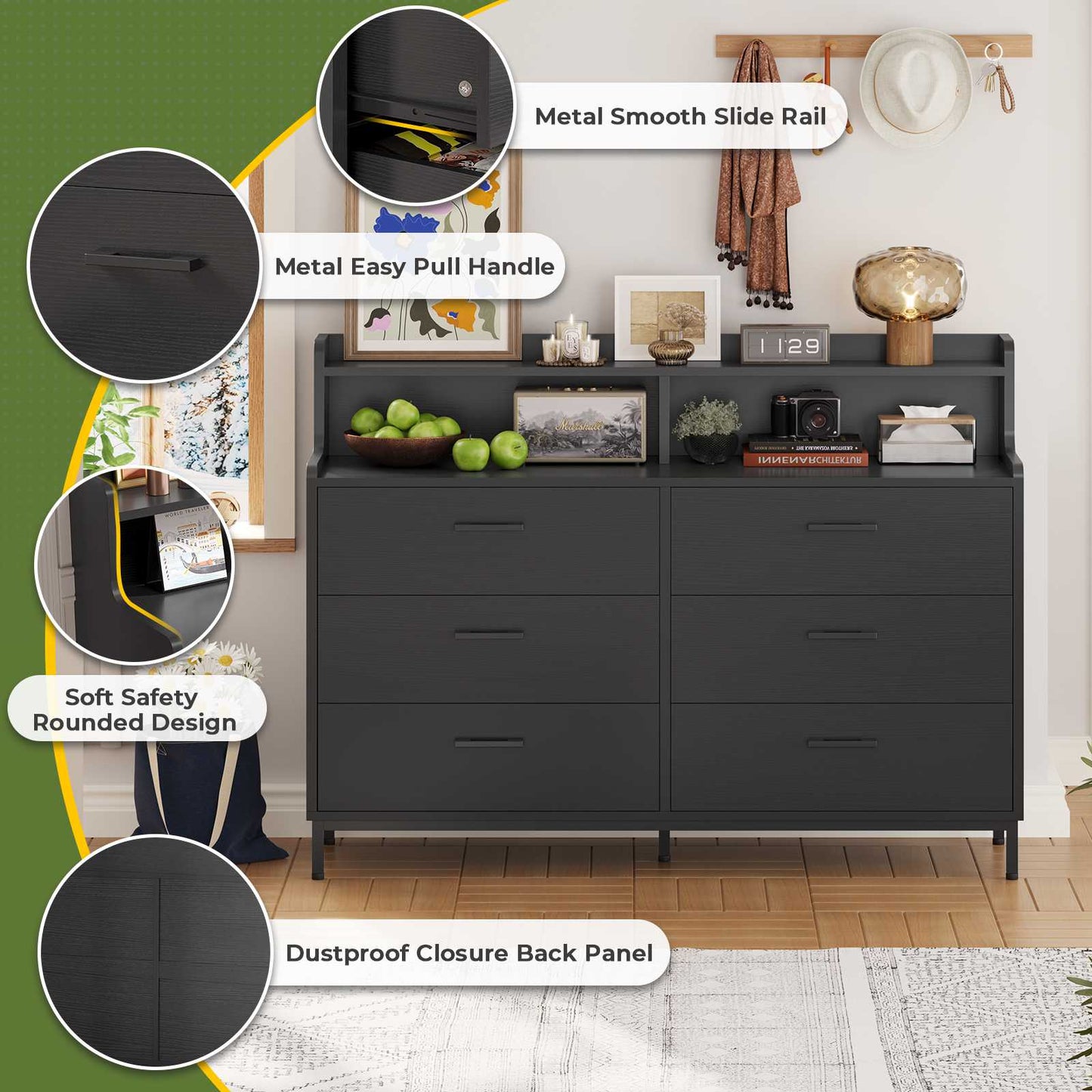 Hasuit | 45.7 Inch Dresser with 6 Drawers and Storage Shelves Wide Chest of Drawers with Sturdy Steel Legs Large Wooden Organizer for Bedroom Entryway