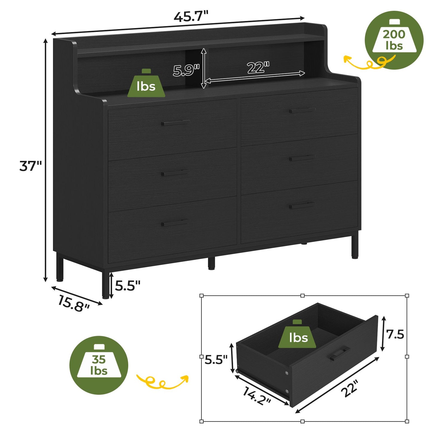 Hasuit | 45.7 Inch Dresser with 6 Drawers and Storage Shelves Wide Chest of Drawers with Sturdy Steel Legs Large Wooden Organizer for Bedroom Entryway