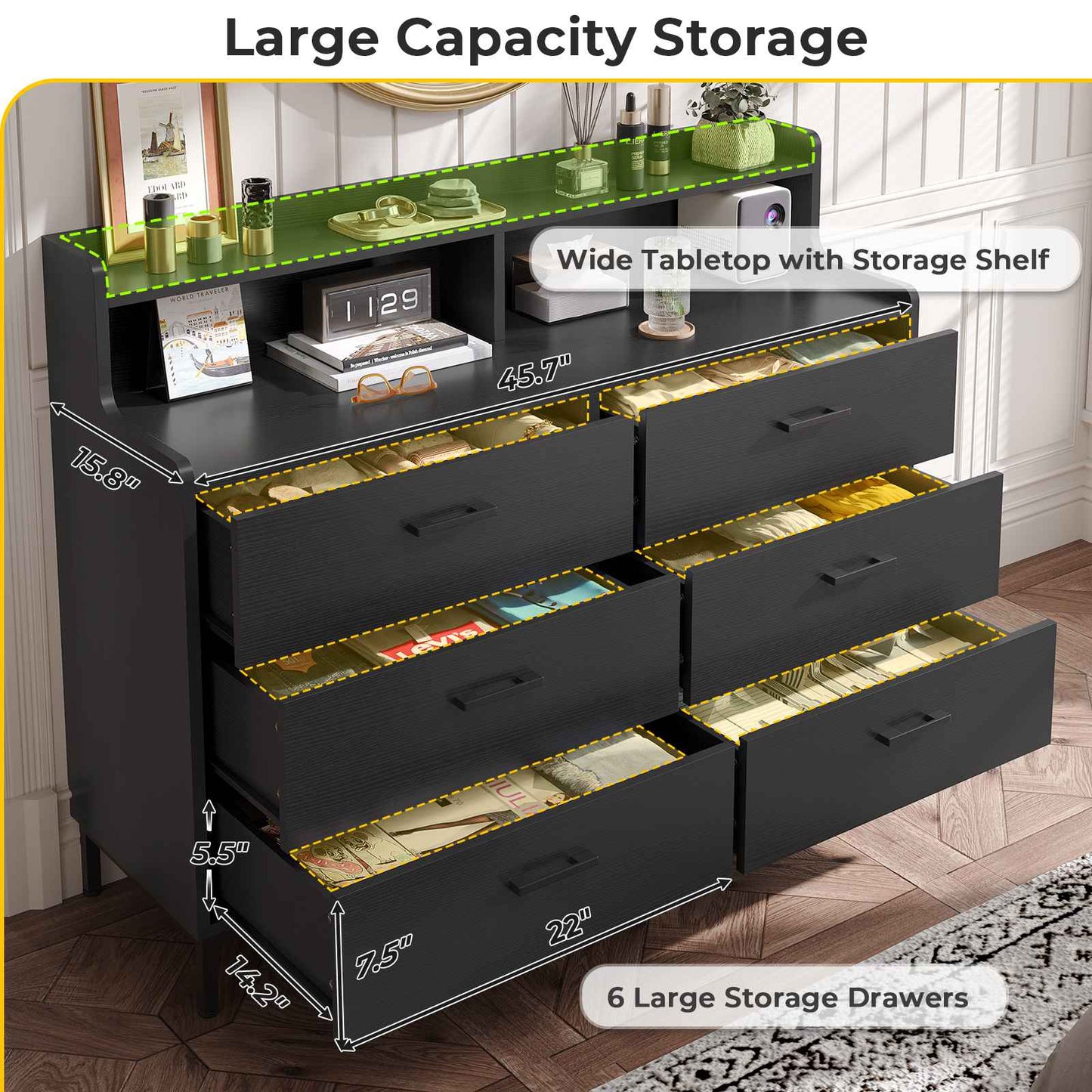 Hasuit | 45.7 Inch Dresser with 6 Drawers and Storage Shelves Wide Chest of Drawers with Sturdy Steel Legs Large Wooden Organizer for Bedroom Entryway