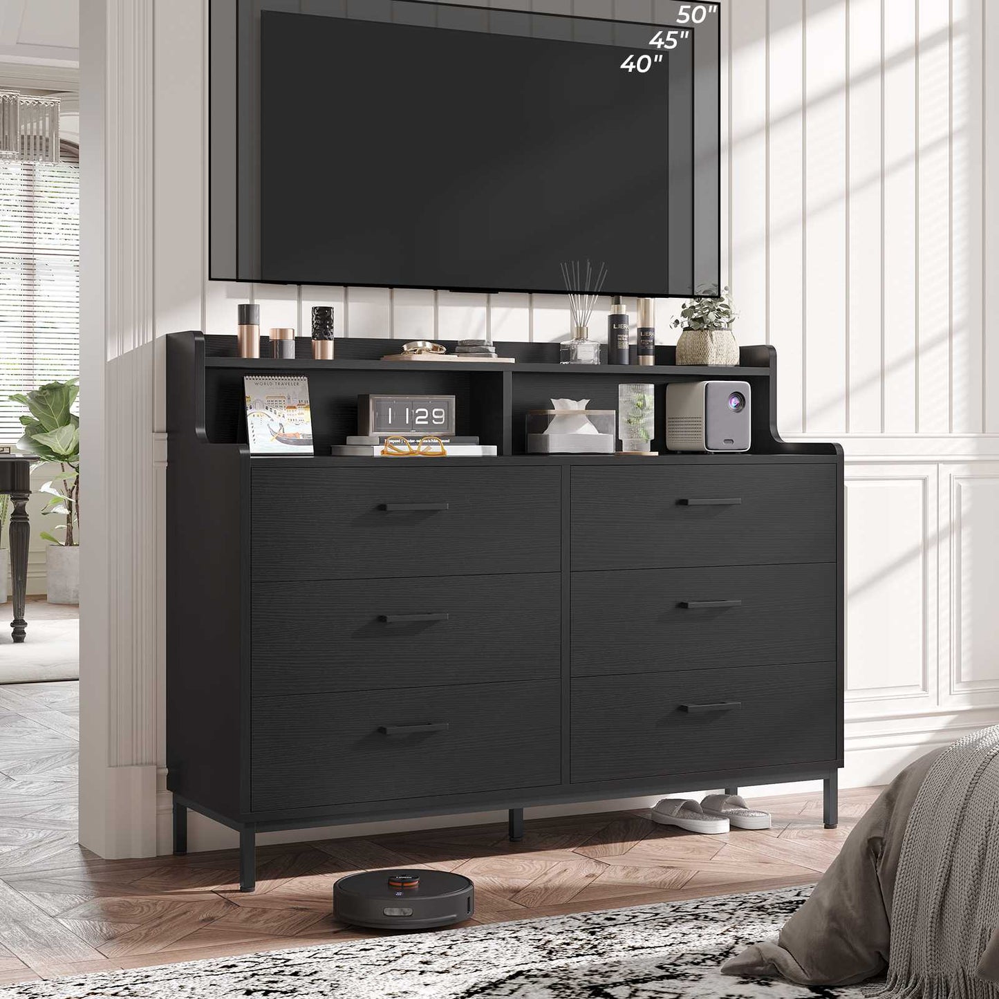 Hasuit | 45.7 Inch Dresser with 6 Drawers and Storage Shelves Wide Chest of Drawers with Sturdy Steel Legs Large Wooden Organizer for Bedroom Entryway