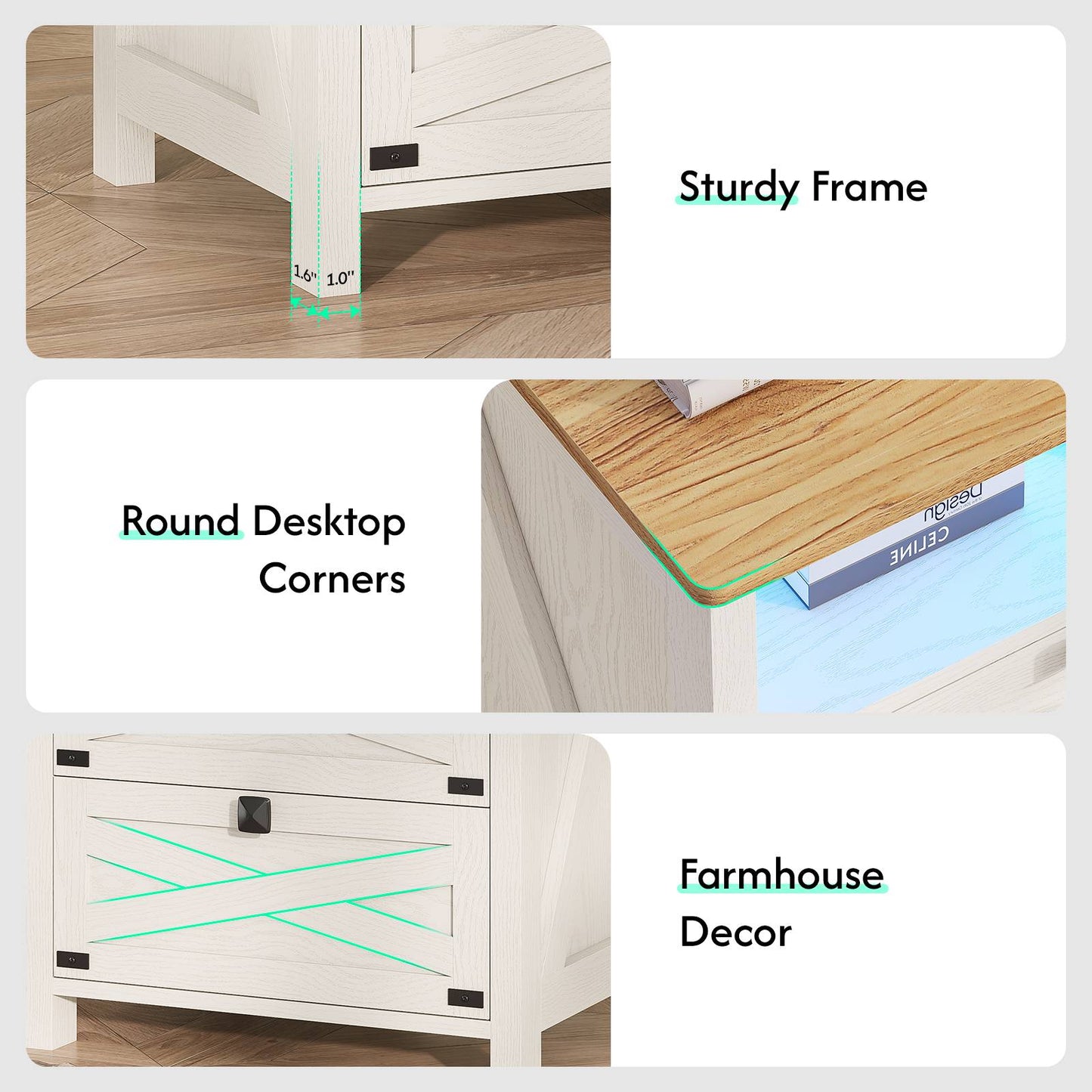Hasuit | Night Stand with 2 Drawers Rustic Vintage Farmhouse White Nightstand with Charging Station and LED Lights