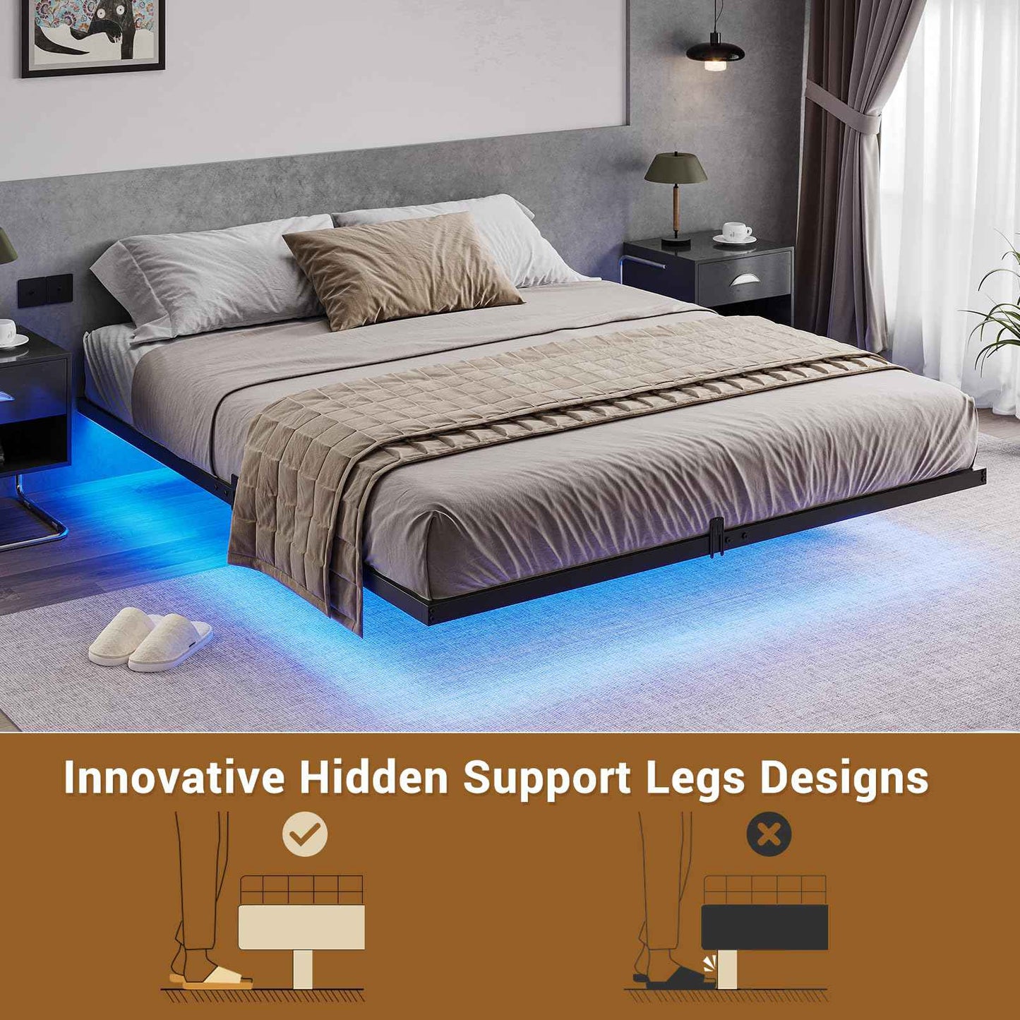 Hasuit | Floating Bed Frame California King Size with LED Lights Metal Cal King Platform Bed No Box Spring Needed