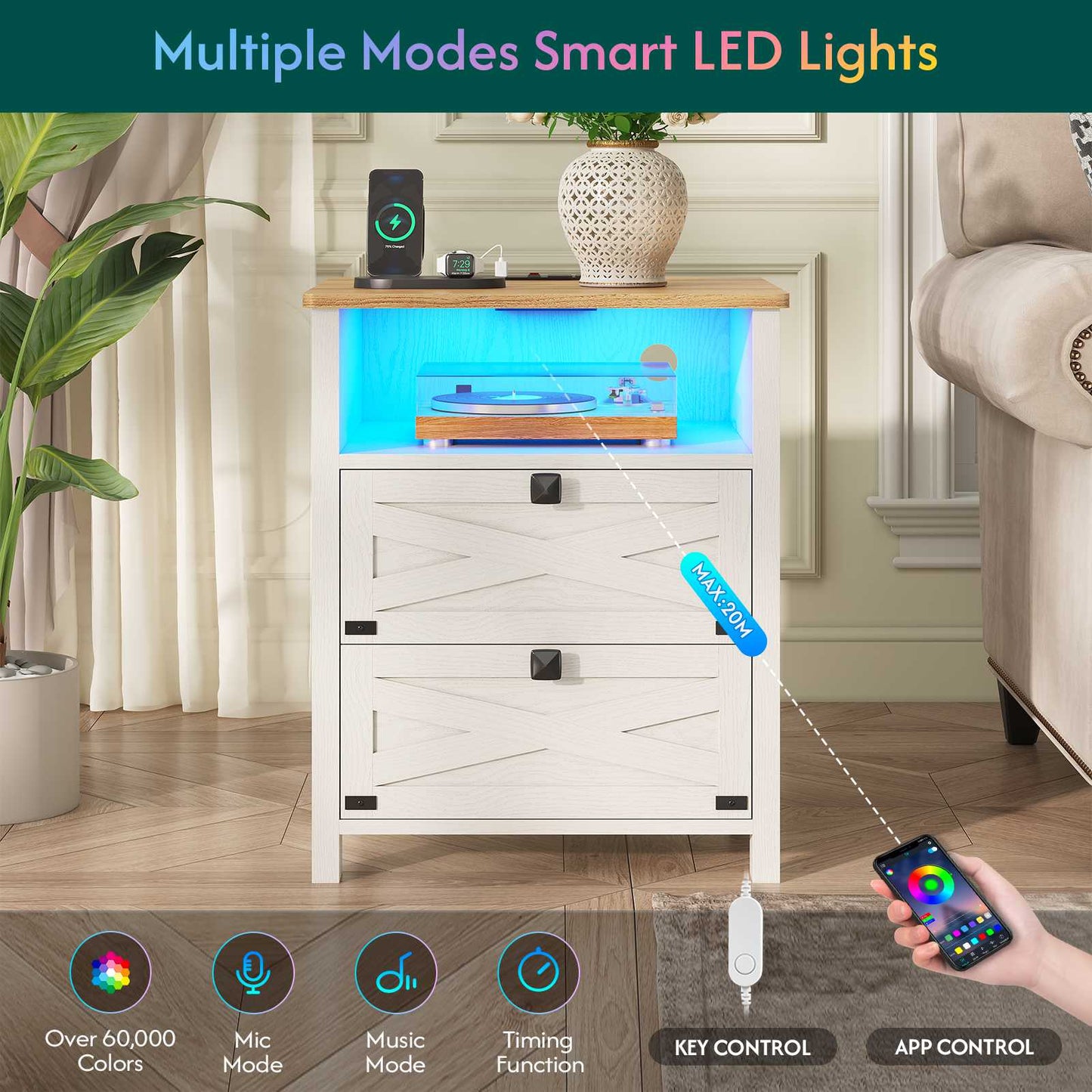 Hasuit | Night Stand with 2 Drawers Rustic Vintage Farmhouse White Nightstand with Charging Station and LED Lights