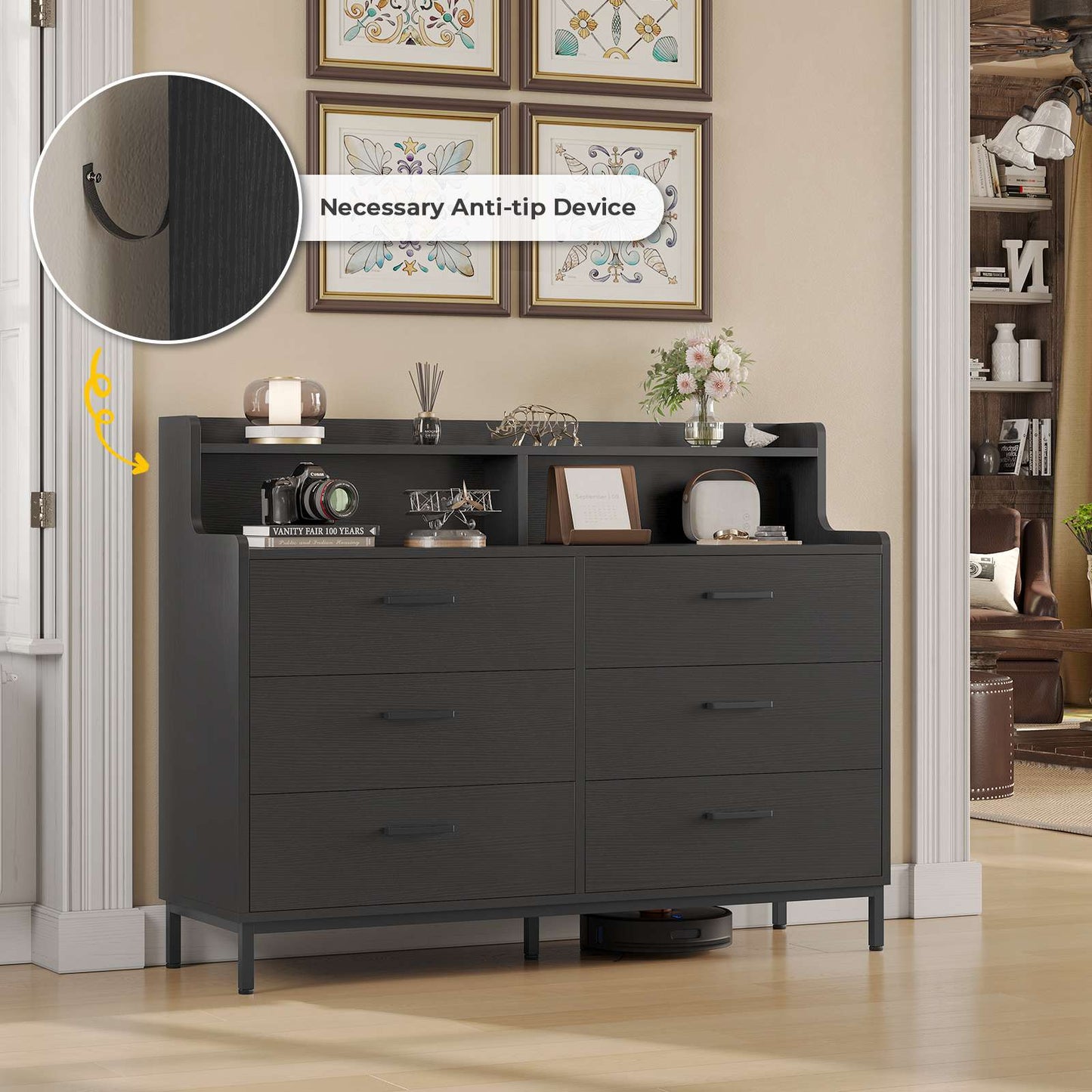Hasuit | 45.7 Inch Dresser with 6 Drawers and Storage Shelves Wide Chest of Drawers with Sturdy Steel Legs Large Wooden Organizer for Bedroom Entryway