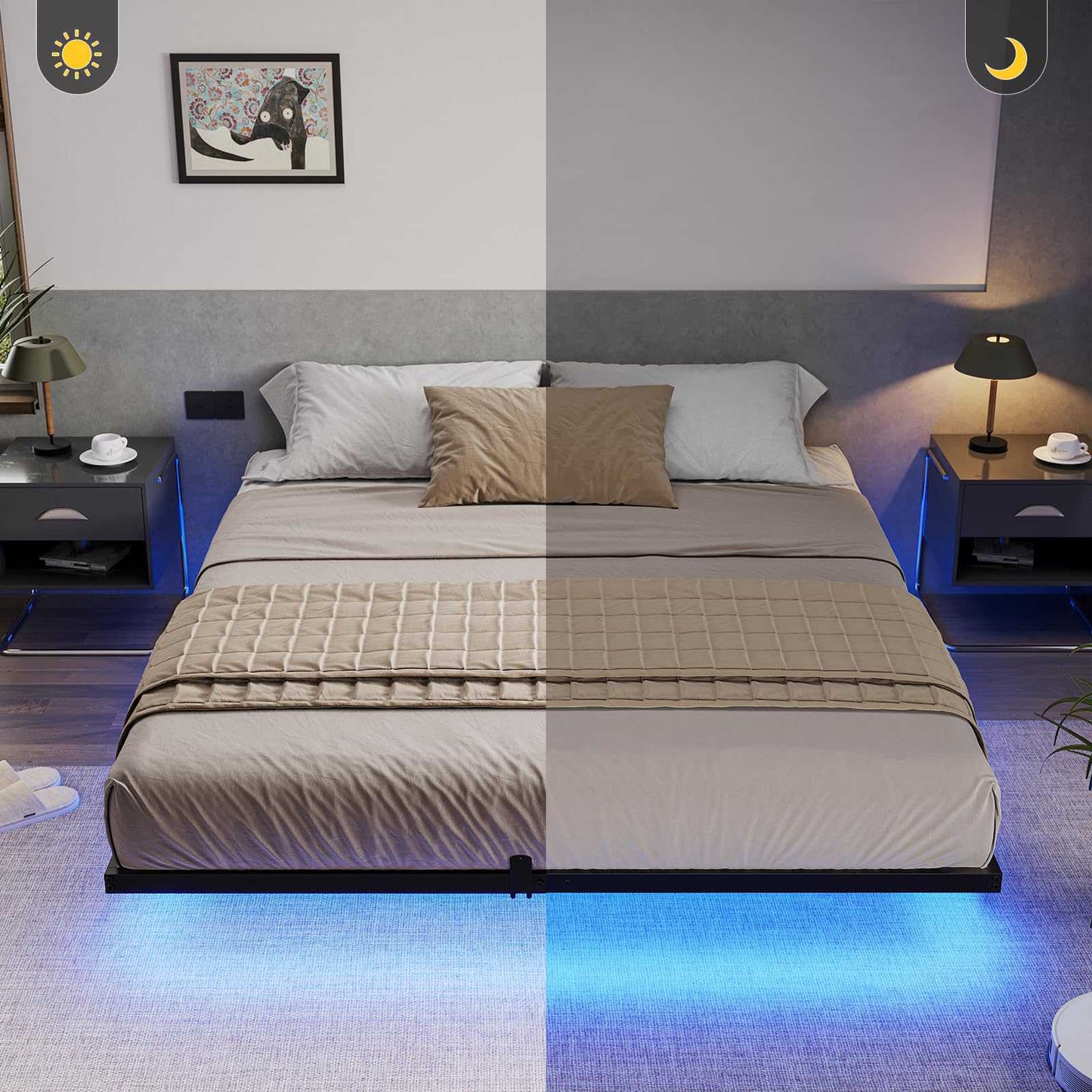 Hasuit | Floating Bed Frame California King Size with LED Lights Metal Cal King Platform Bed No Box Spring Needed