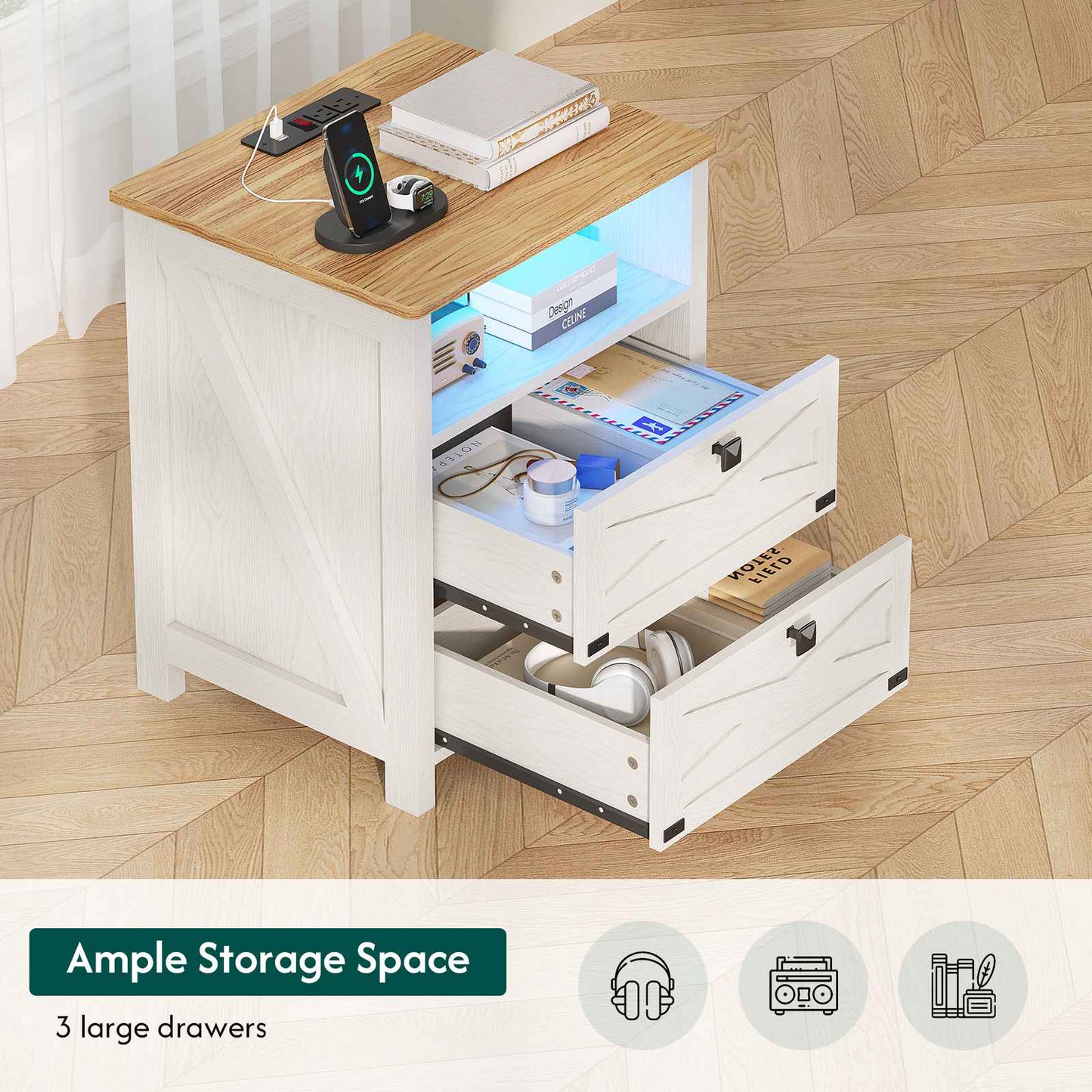 Hasuit | Night Stand with 2 Drawers Rustic Vintage Farmhouse White Nightstand with Charging Station and LED Lights
