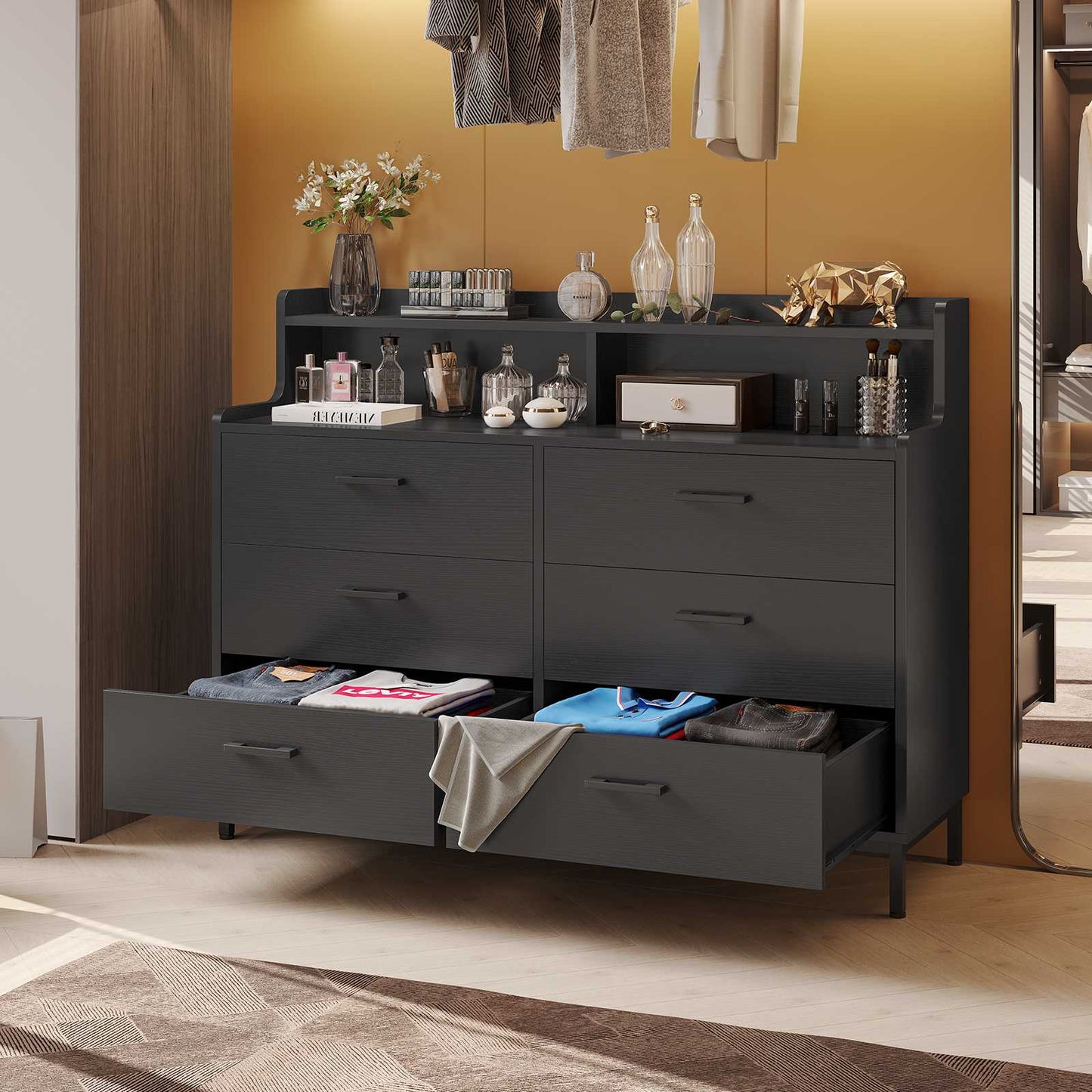 Hasuit | 45.7 Inch Dresser with 6 Drawers and Storage Shelves Wide Chest of Drawers with Sturdy Steel Legs Large Wooden Organizer for Bedroom Entryway