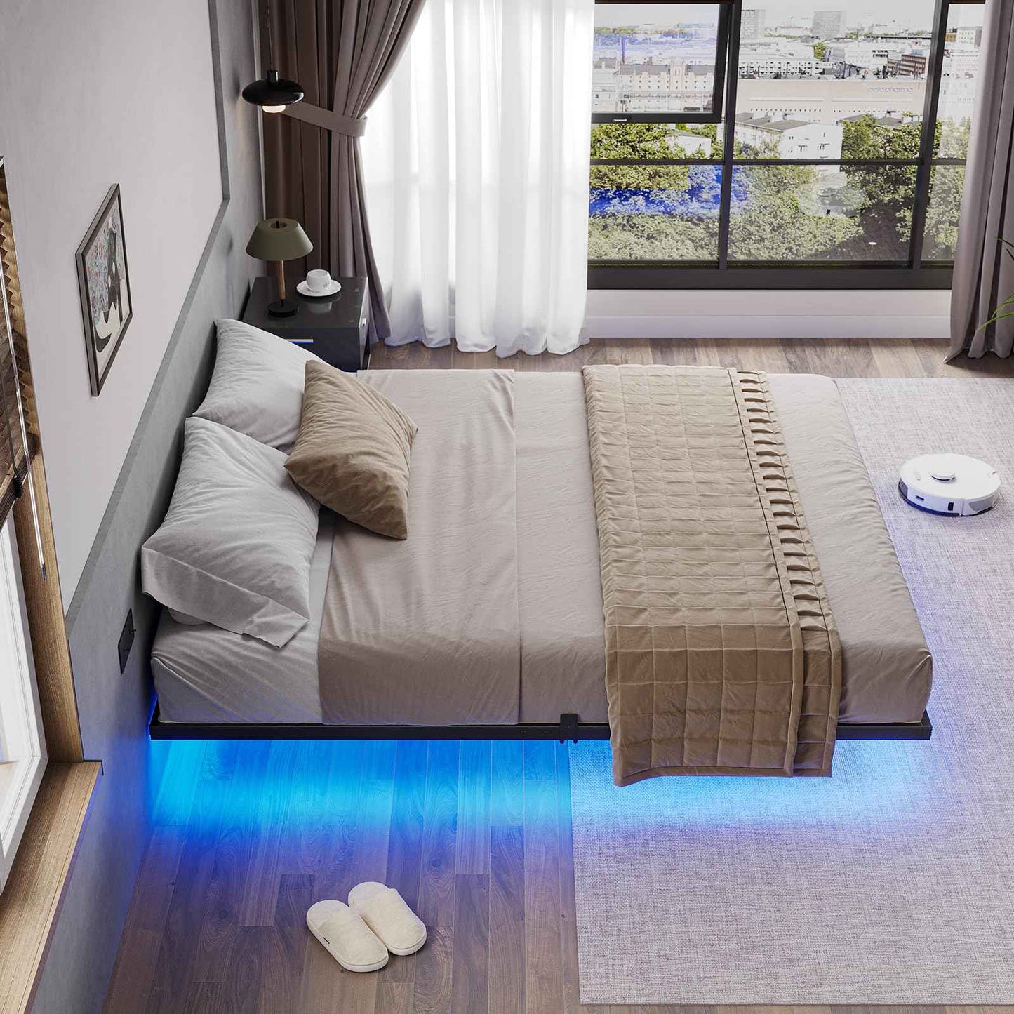 Hasuit | Floating Bed Frame California King Size with LED Lights Metal Cal King Platform Bed No Box Spring Needed
