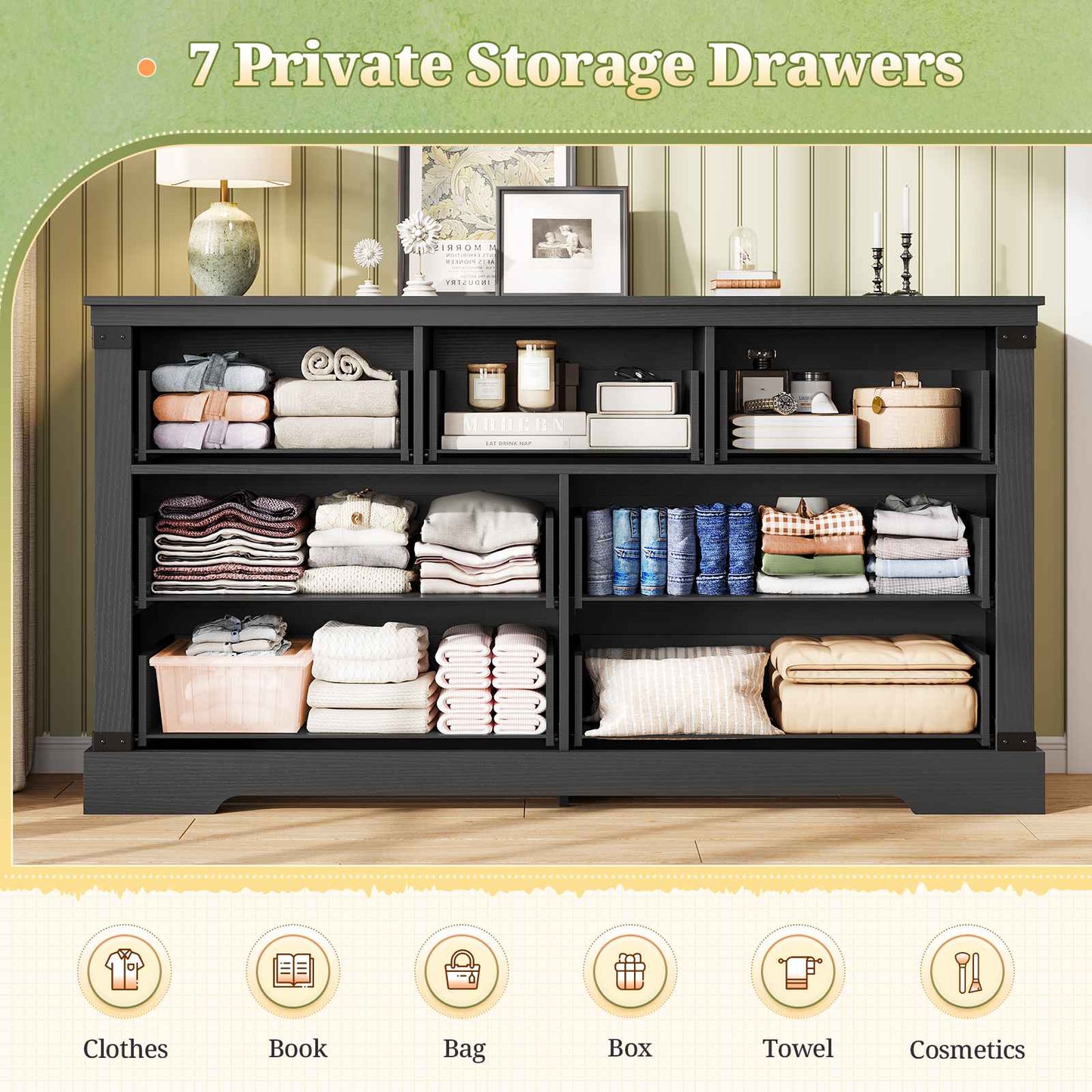 Hasuit | 55.1 Inch Dresser with 7 Drawers Wooden Long Dressers Chest of Drawer Farmhouse Dresser with Thick Styling