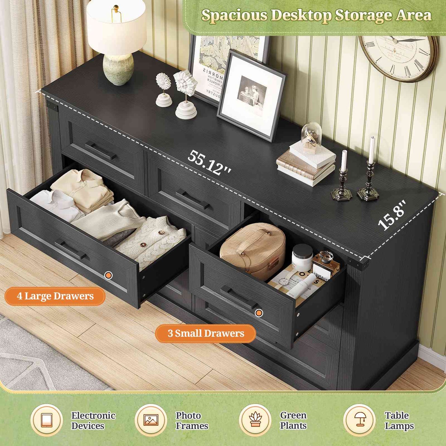 Hasuit | 55.1 Inch Dresser with 7 Drawers Wooden Long Dressers Chest of Drawer Farmhouse Dresser with Thick Styling