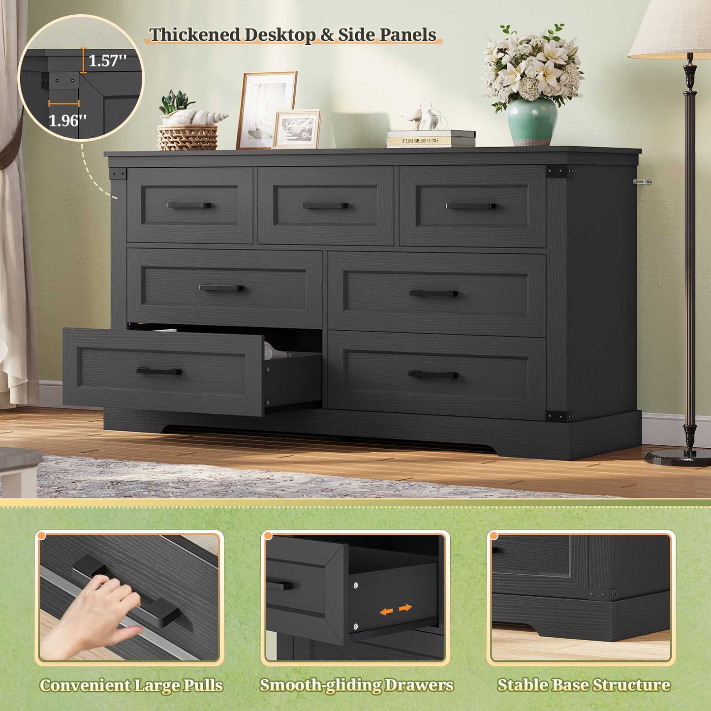 Hasuit | 55.1 Inch Dresser with 7 Drawers Wooden Long Dressers Chest of Drawer Farmhouse Dresser with Thick Styling