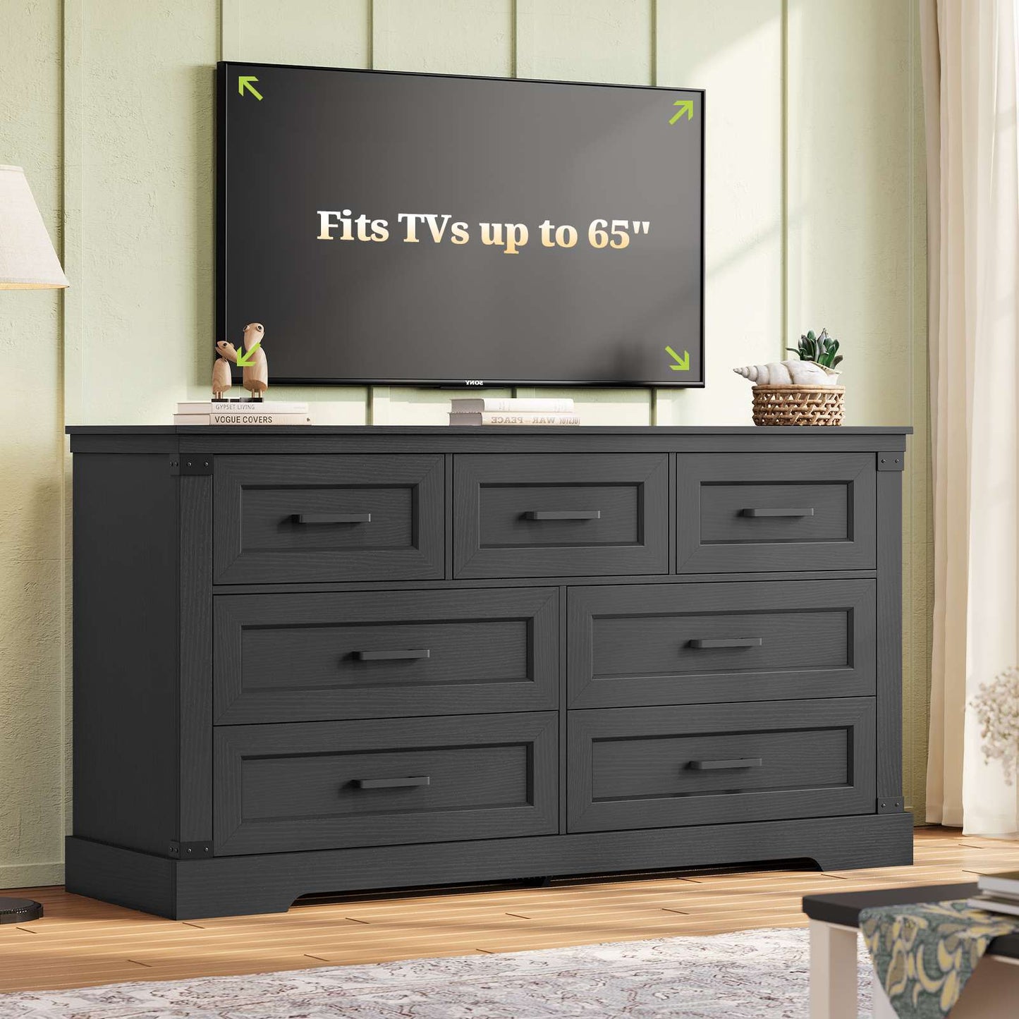 Hasuit | 55.1 Inch Dresser with 7 Drawers Wooden Long Dressers Chest of Drawer Farmhouse Dresser with Thick Styling