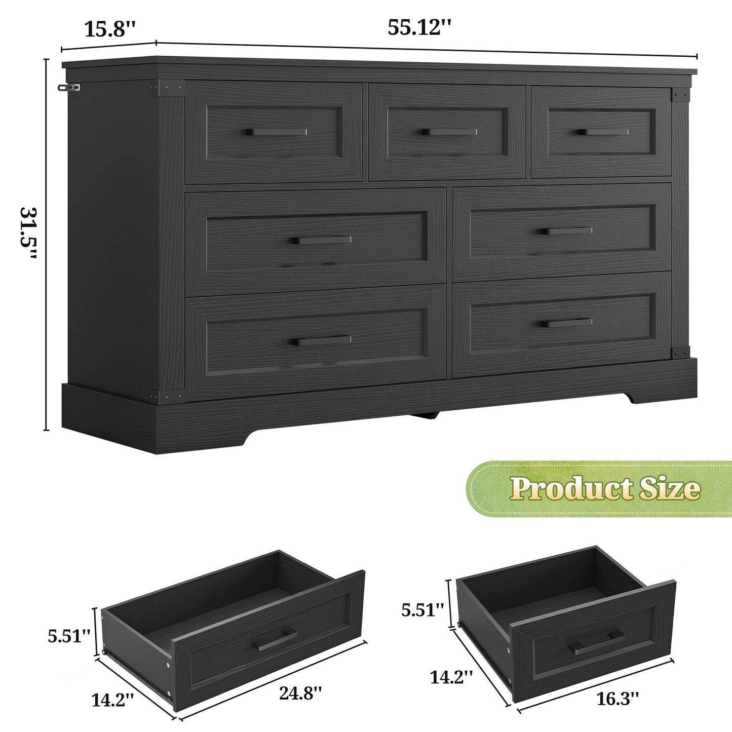 Hasuit | 55.1 Inch Dresser with 7 Drawers Wooden Long Dressers Chest of Drawer Farmhouse Dresser with Thick Styling