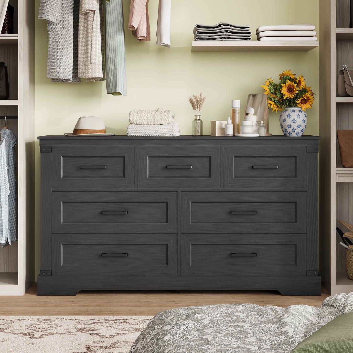 Hasuit | 55.1 Inch Dresser with 7 Drawers Wooden Long Dressers Chest of Drawer Farmhouse Dresser with Thick Styling