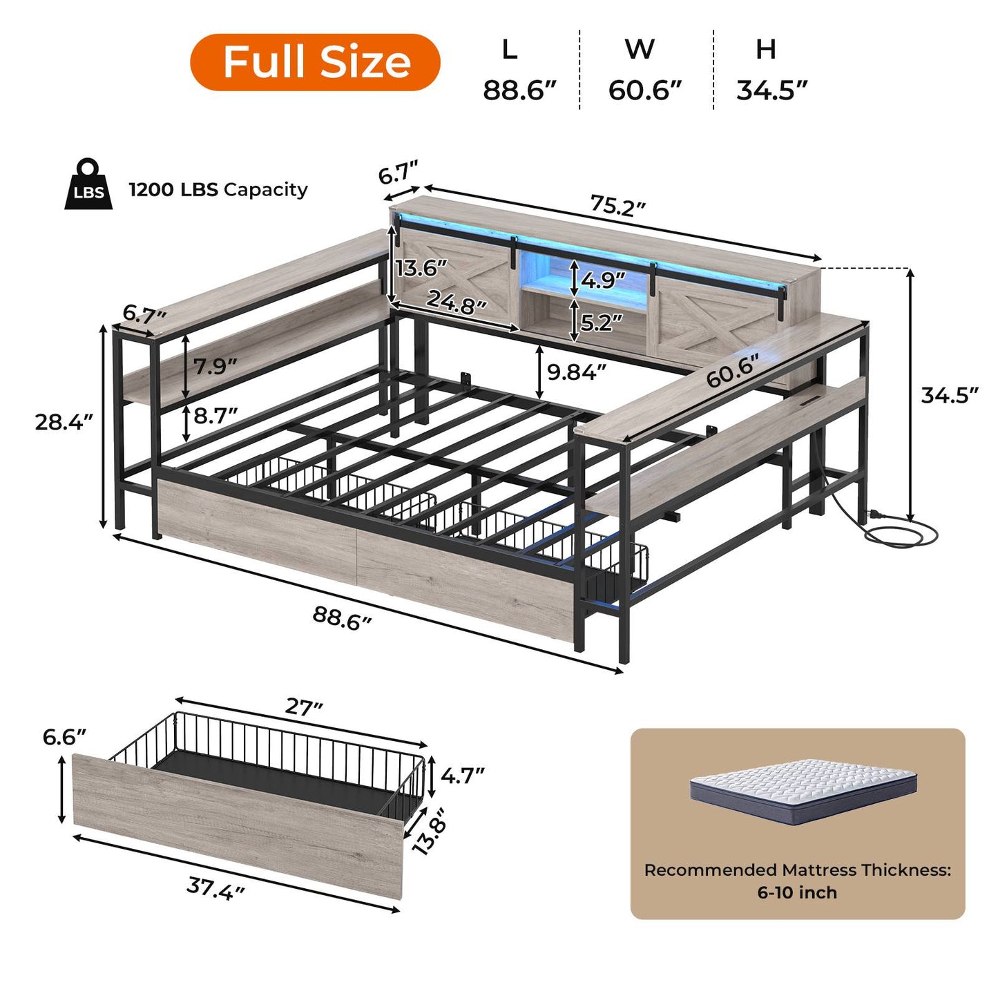 Hasuit | Corner Bed with Drawers and Bookcase Storage Shelves Farmhouse Wooden Daybed with Charging Station and LED Light Rustic Gray Three Sizes