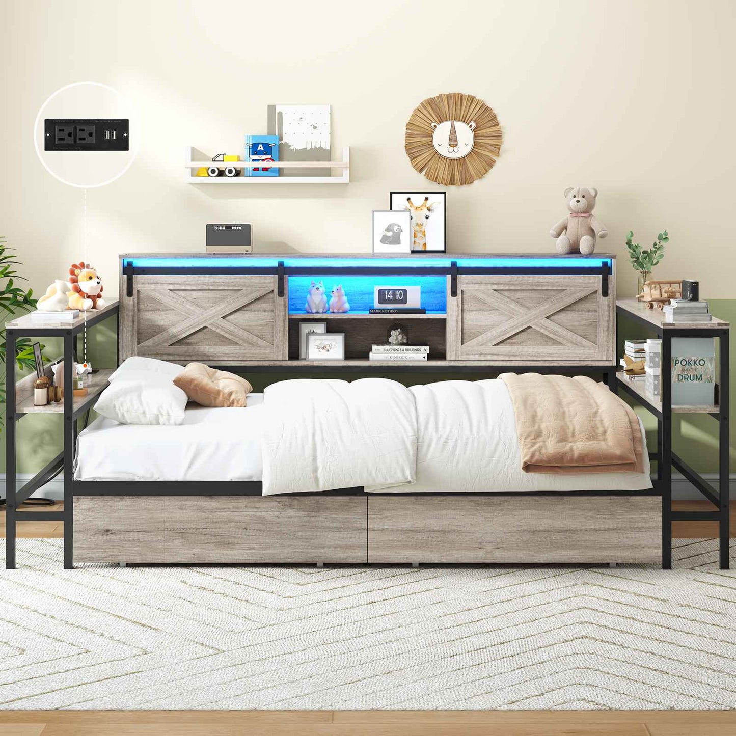 Hasuit | Corner Bed with Drawers and Bookcase Storage Shelves Farmhouse Wooden Daybed with Charging Station and LED Light Rustic Gray Three Sizes