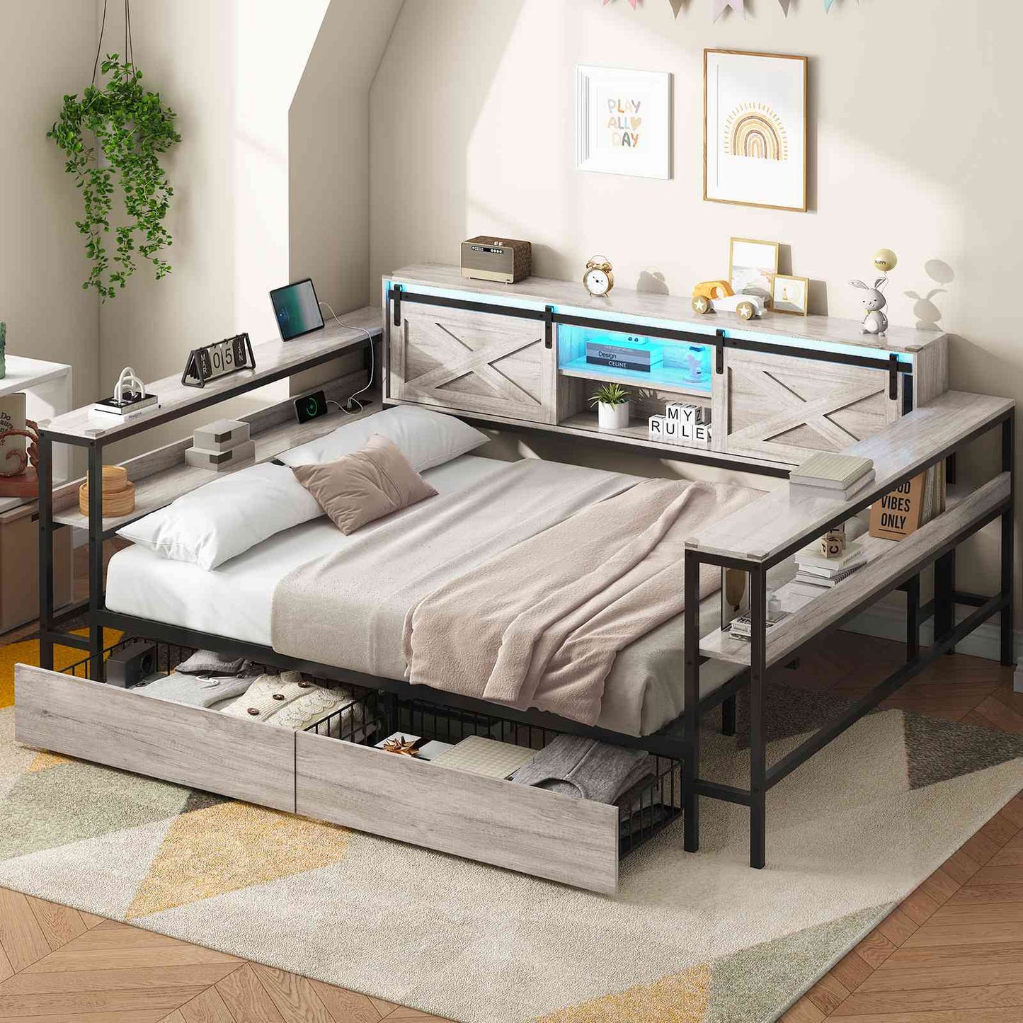 Hasuit | Corner Bed with Drawers and Bookcase Storage Shelves Farmhouse Wooden Daybed with Charging Station and LED Light Rustic Gray Three Sizes