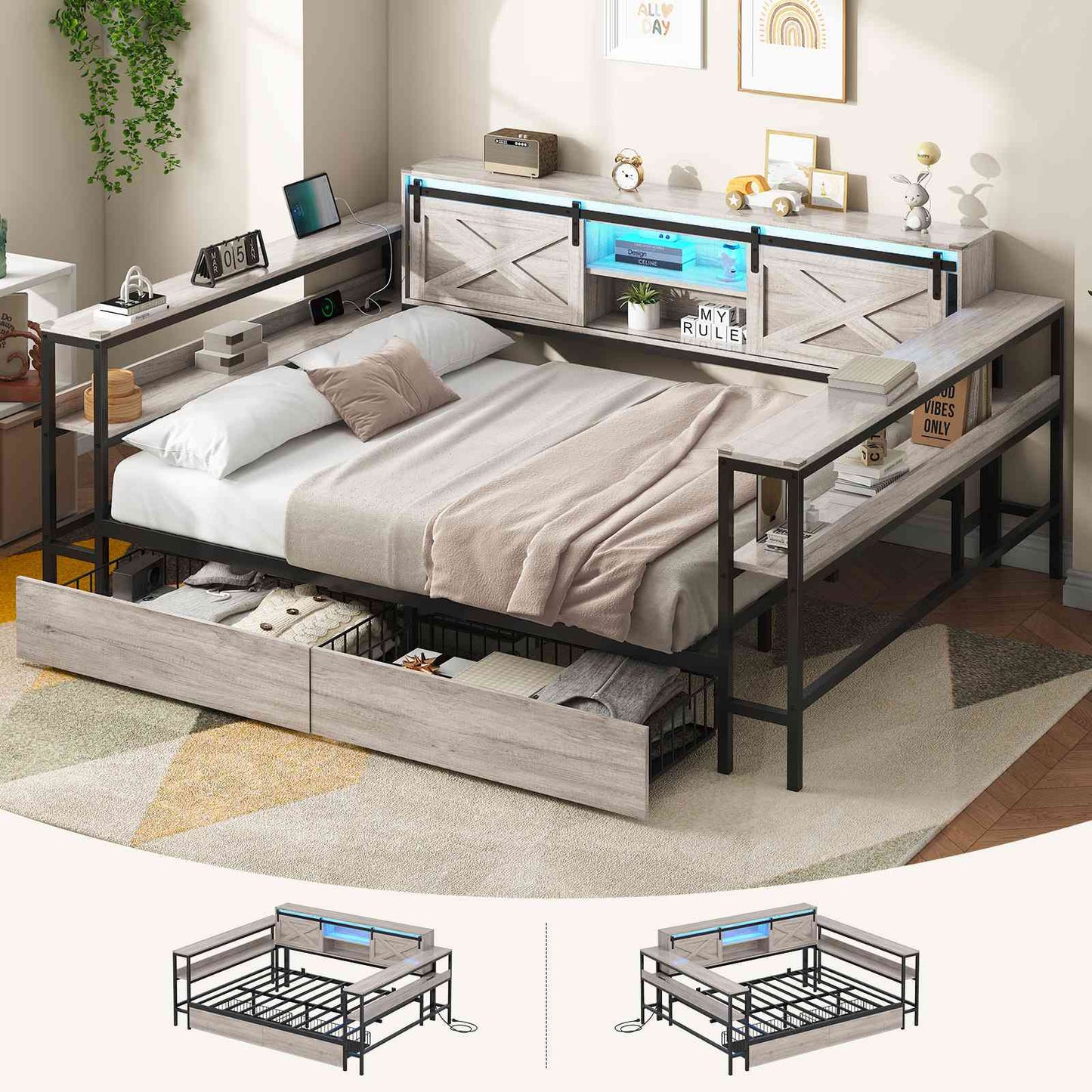 Hasuit | Corner Bed with Drawers and Bookcase Storage Shelves Farmhouse Wooden Daybed with Charging Station and LED Light Rustic Gray Three Sizes