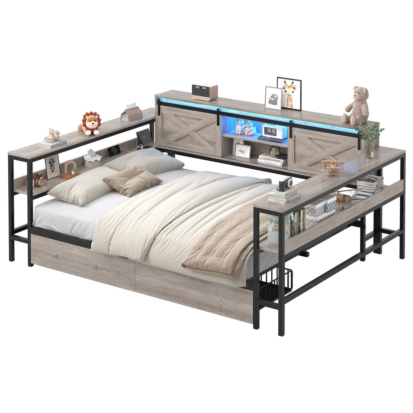 Hasuit | Corner Bed with Drawers and Bookcase Storage Shelves Farmhouse Wooden Daybed with Charging Station and LED Light Rustic Gray Three Sizes