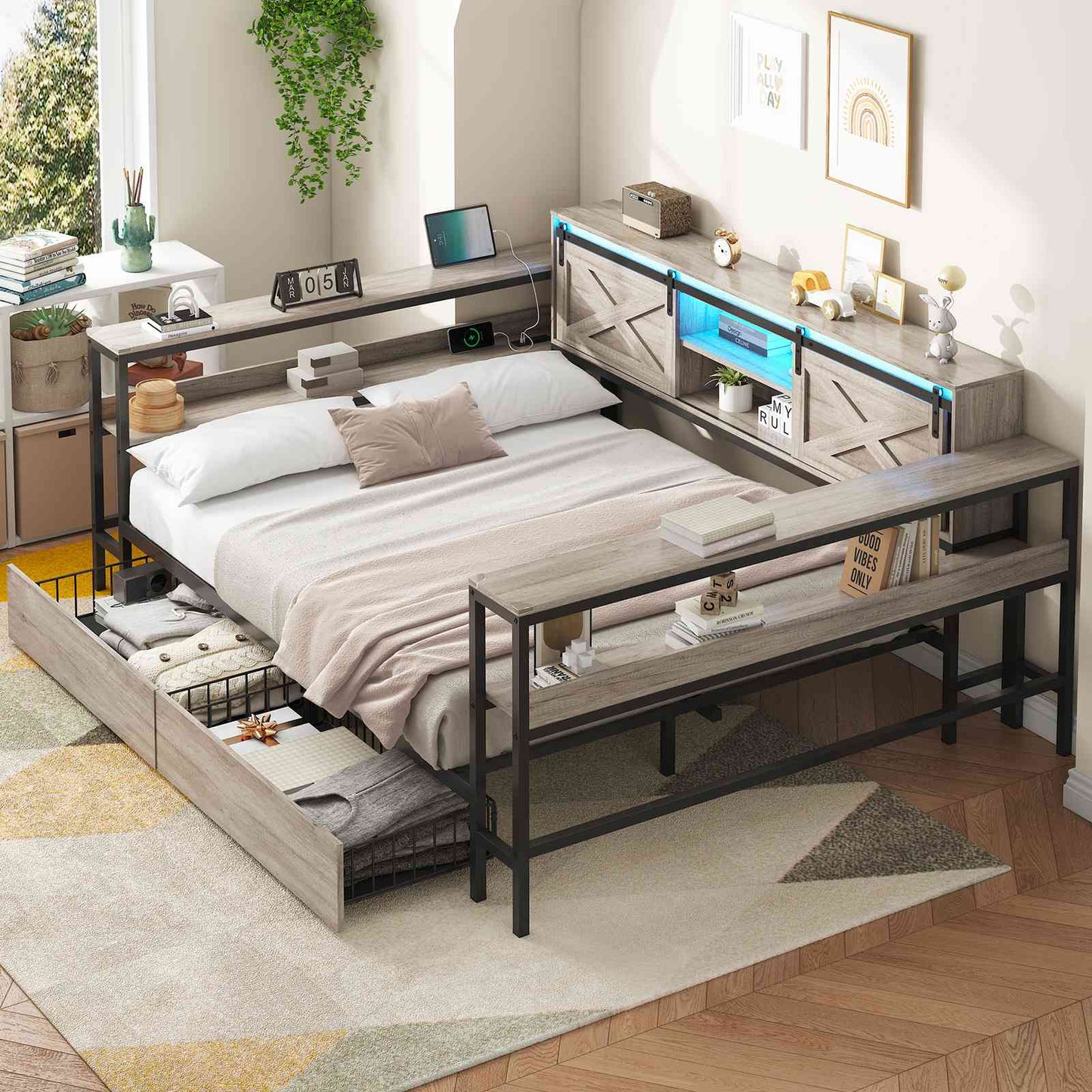 Hasuit | Corner Bed with Drawers and Bookcase Storage Shelves Farmhouse Wooden Daybed with Charging Station and LED Light Rustic Gray Three Sizes
