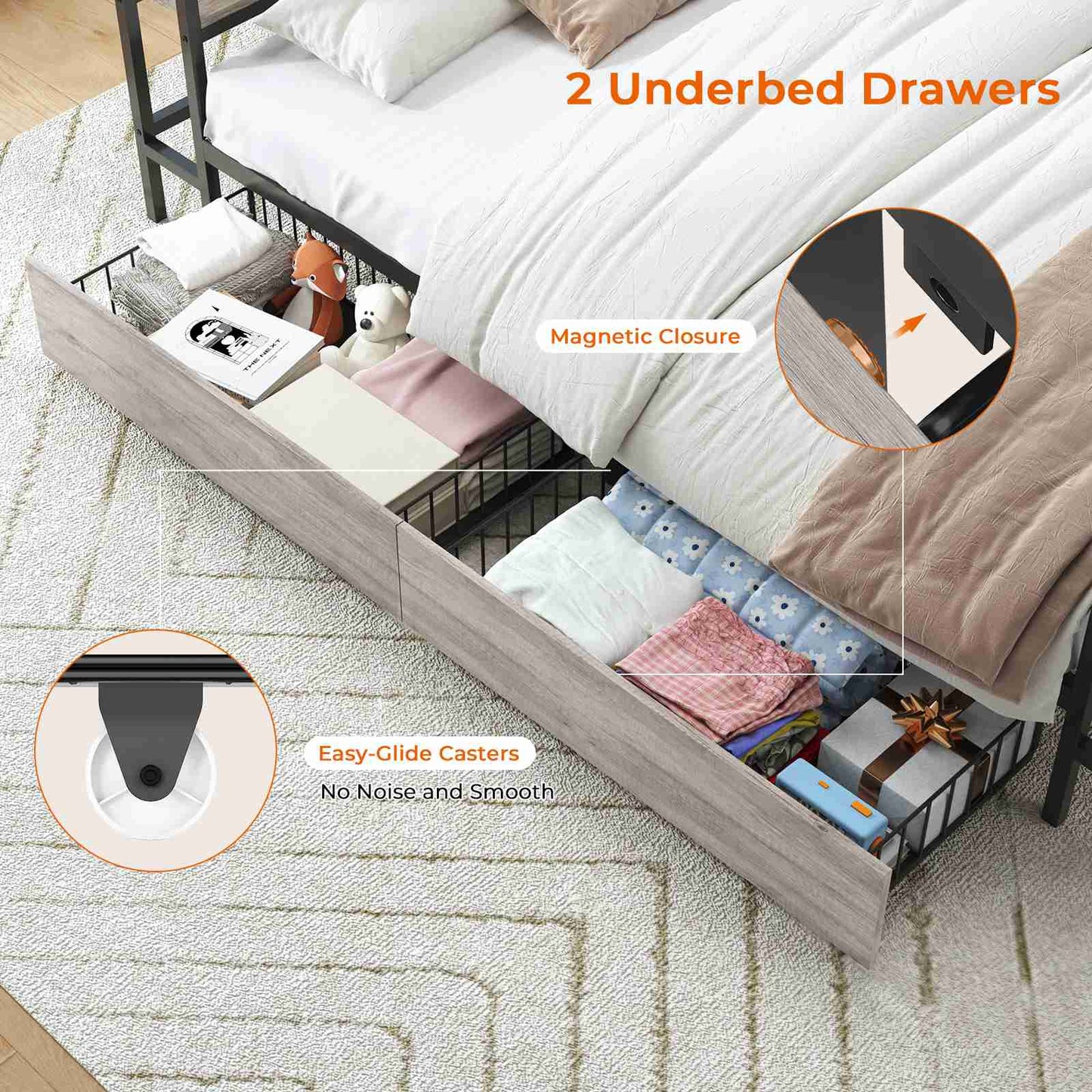 Hasuit | Corner Bed with Drawers and Bookcase Storage Shelves Farmhouse Wooden Daybed with Charging Station and LED Light Rustic Gray Three Sizes