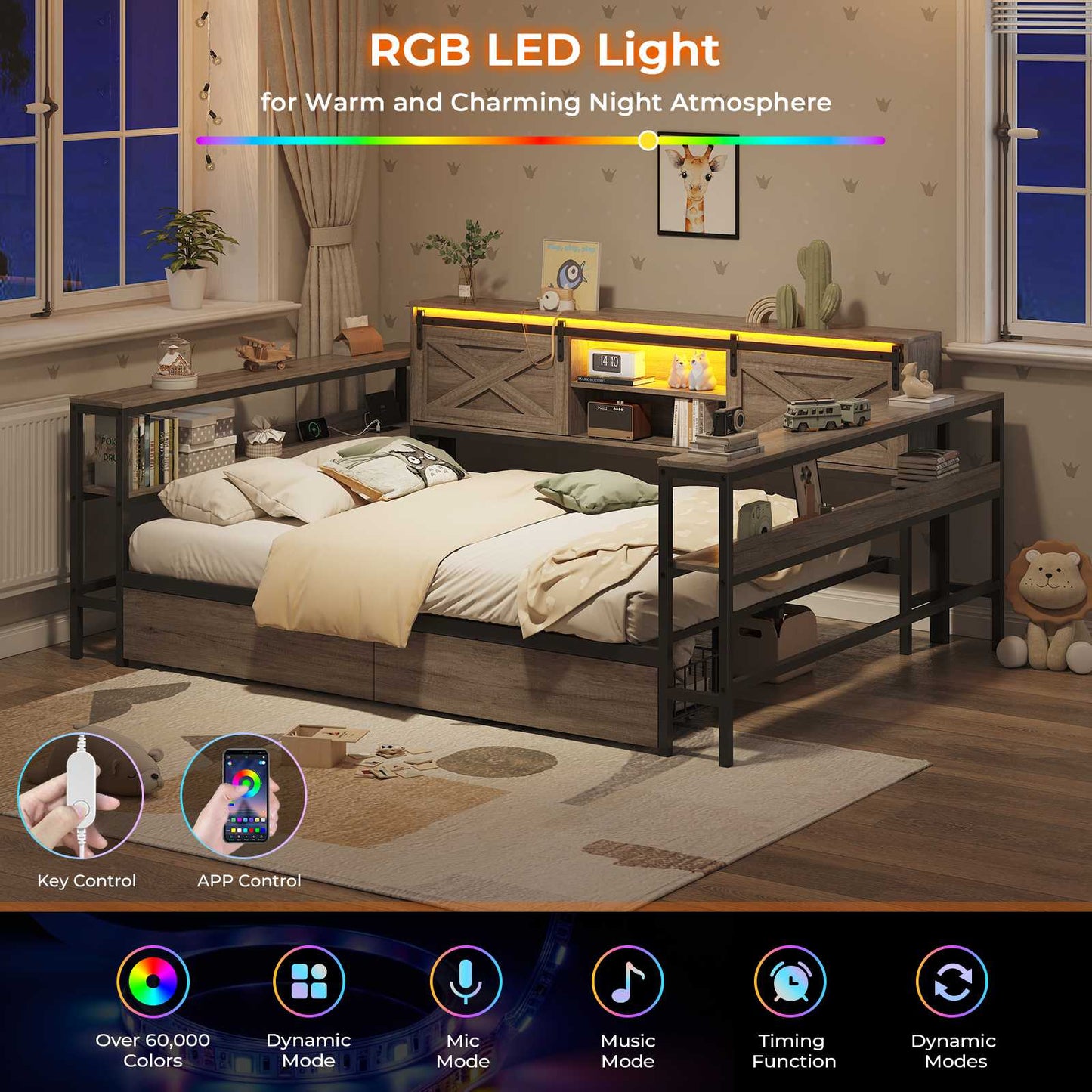 Hasuit | Corner Bed with Drawers and Bookcase Storage Shelves Farmhouse Wooden Daybed with Charging Station and LED Light Rustic Gray Three Sizes