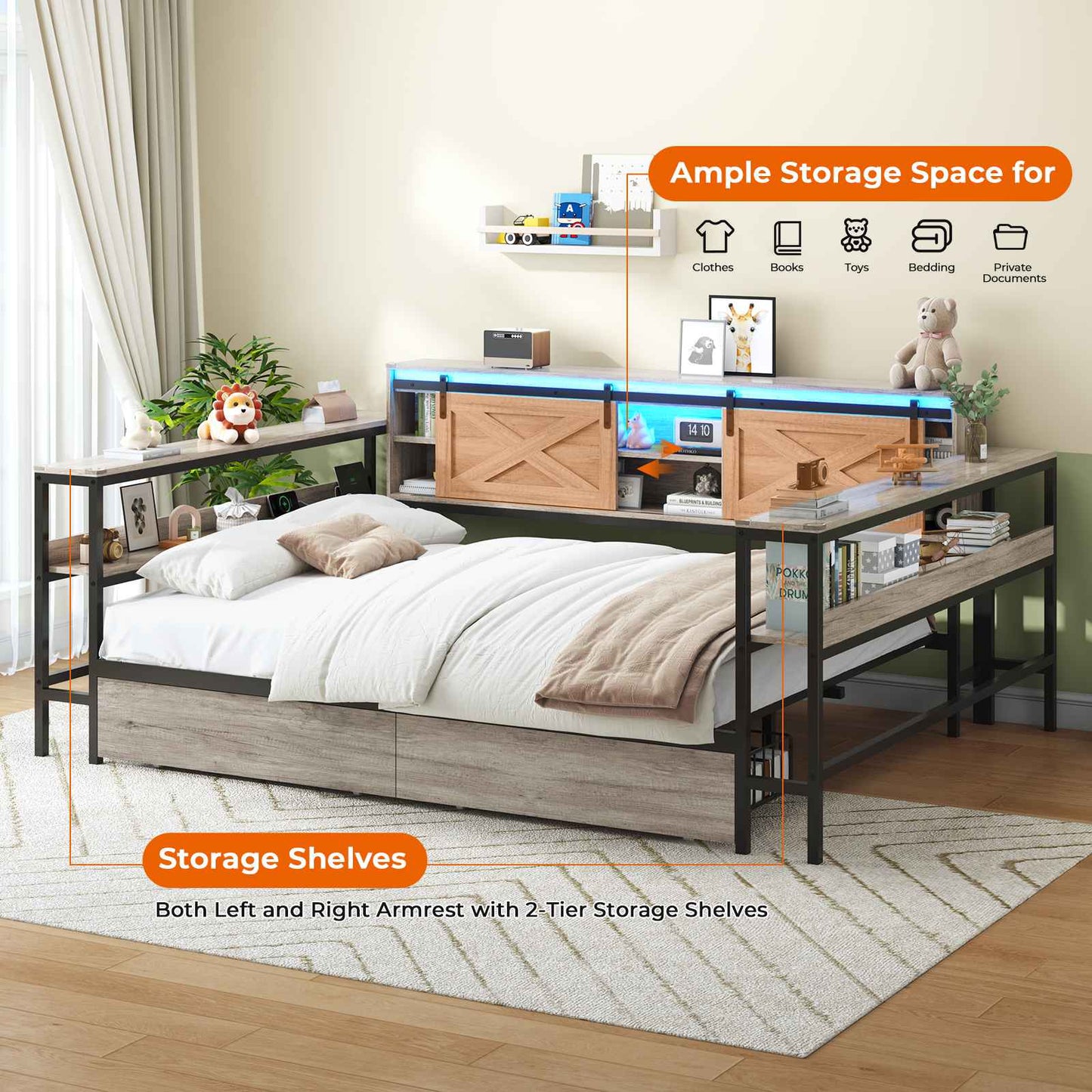 Hasuit | Corner Bed with Drawers and Bookcase Storage Shelves Farmhouse Wooden Daybed with Charging Station and LED Light Rustic Gray Three Sizes