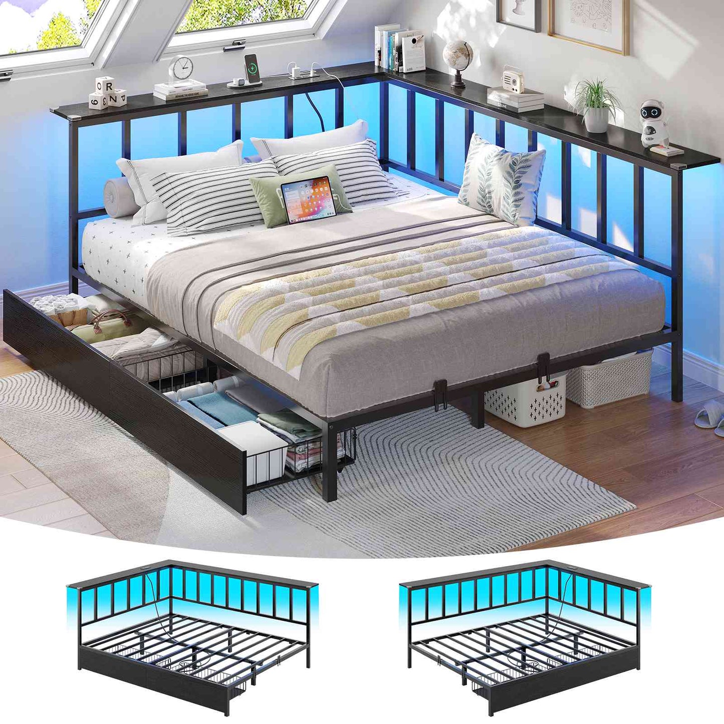 Hasuit | Corner Bed Frame with 2 Storage Drawers Modern Daybed with Charging Station and LED Lights for Kids Teenagers Black Two Sizes